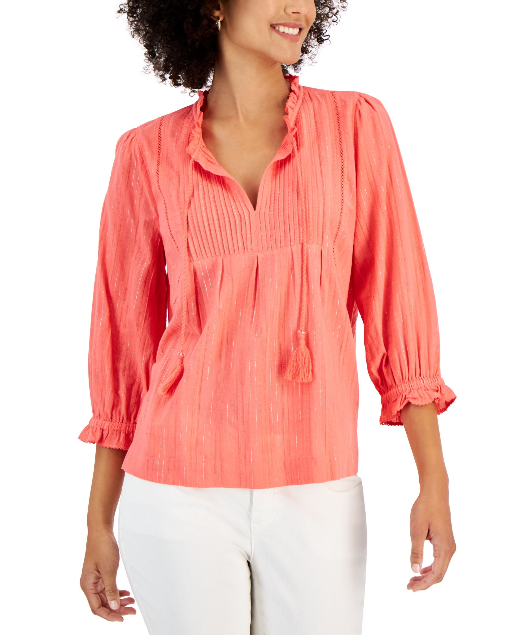 Charter Club Womens Tonal Metallic Peasant Premium Top