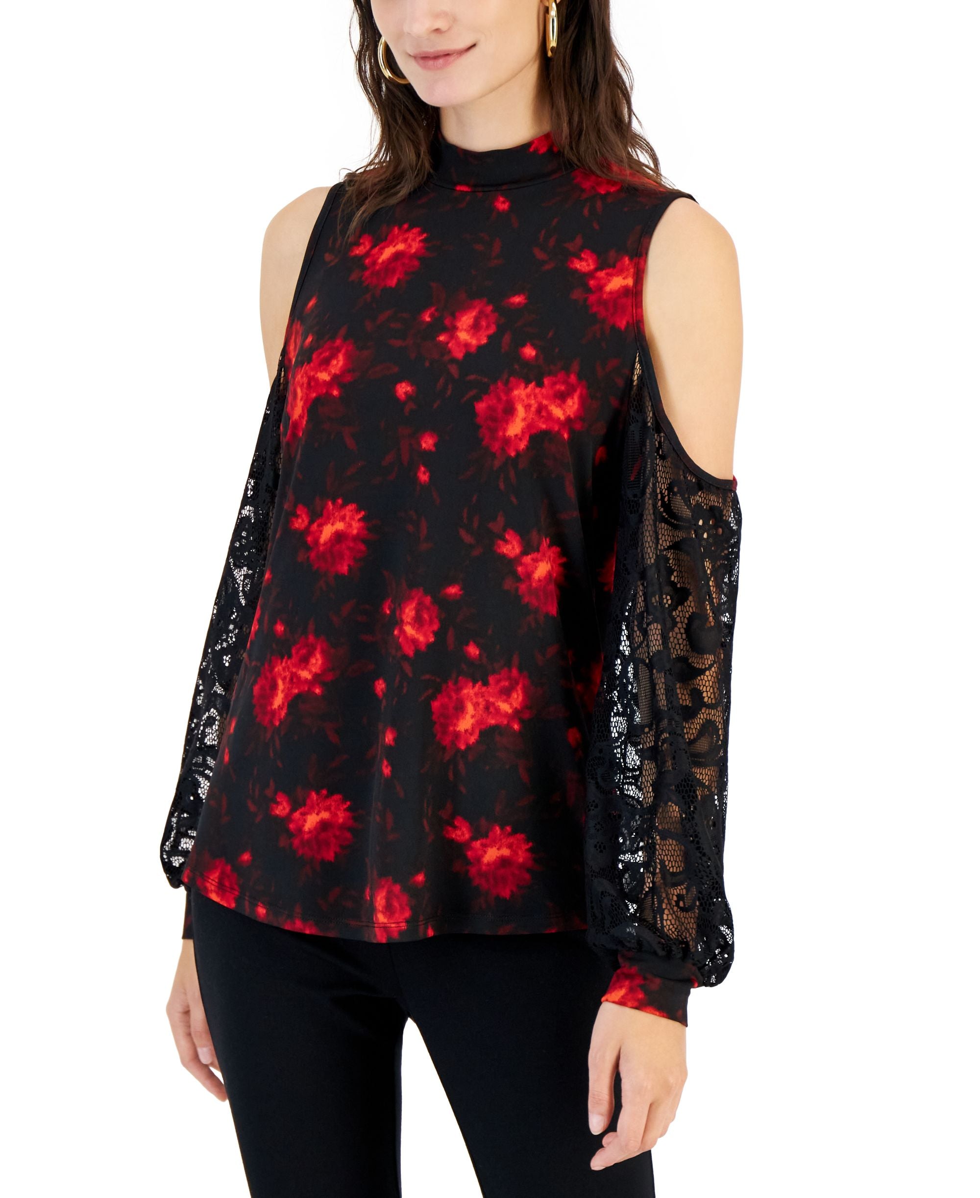 Willow Drive Womens Lace Sleeve Cold Shoulder Premium Top