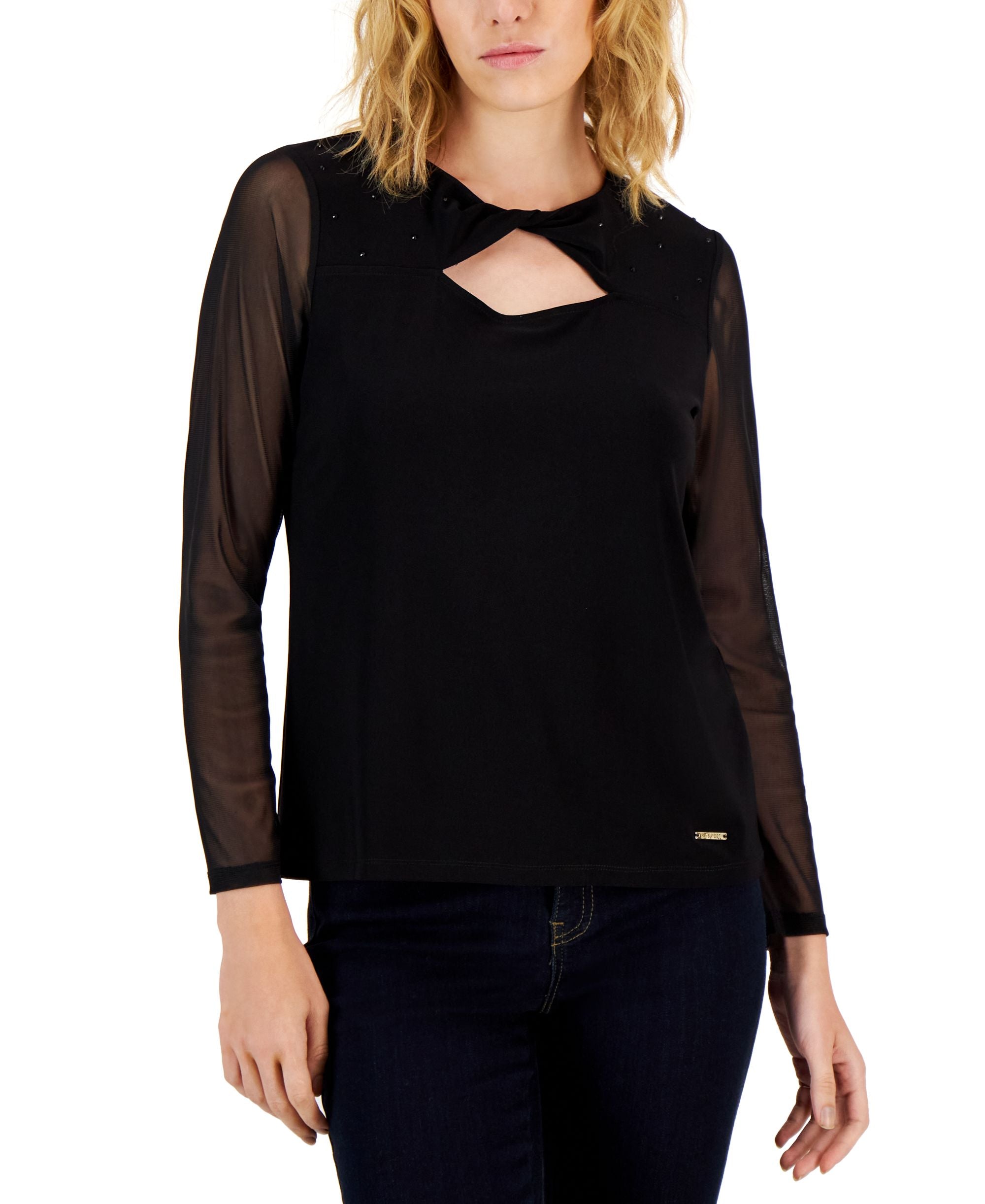 Nine West Womens Twist Neck Cutout Long-Sleeve Premium Top