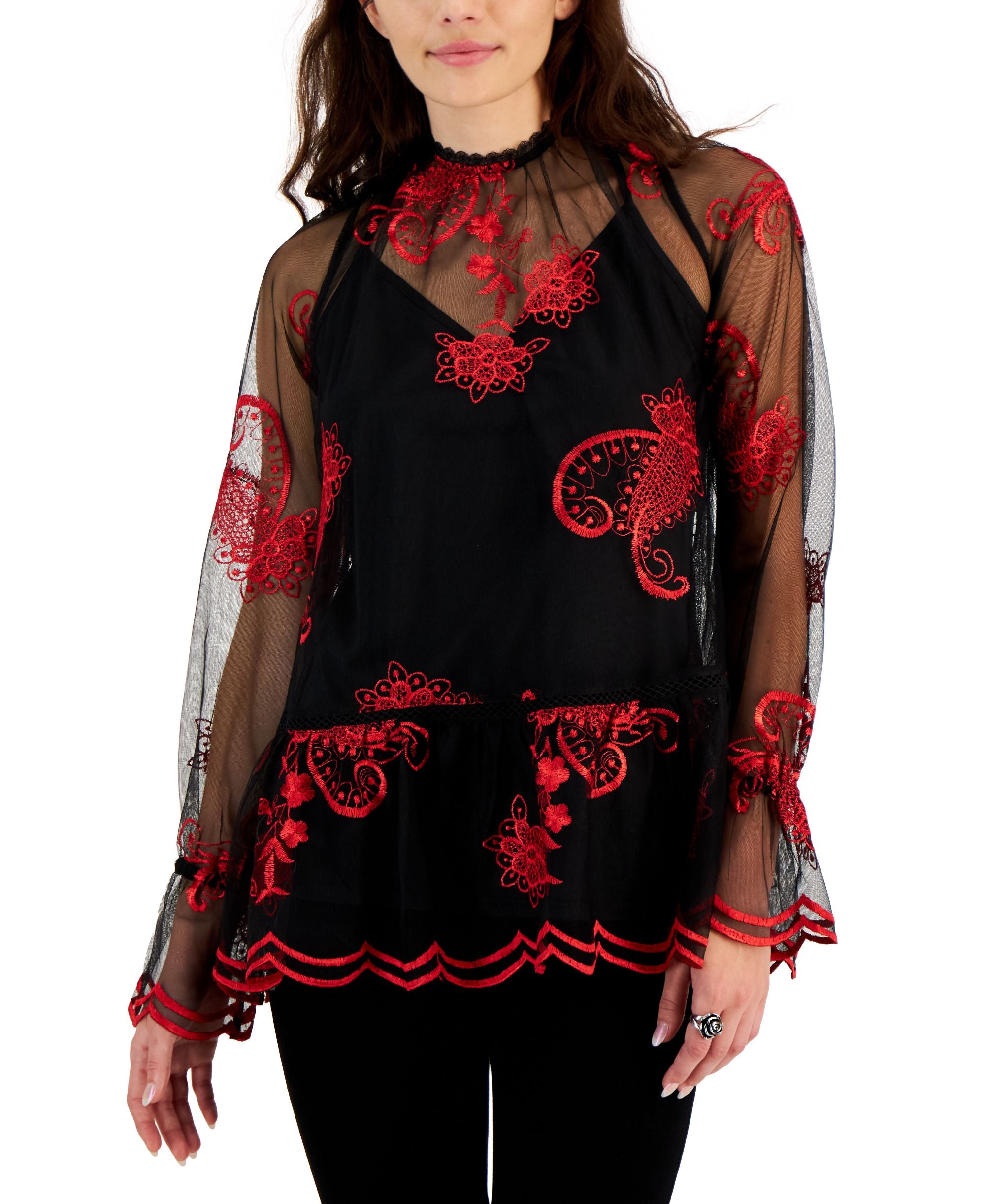 Fever Womens Printed Embroidered Mesh Long-Sleeve Premium Top