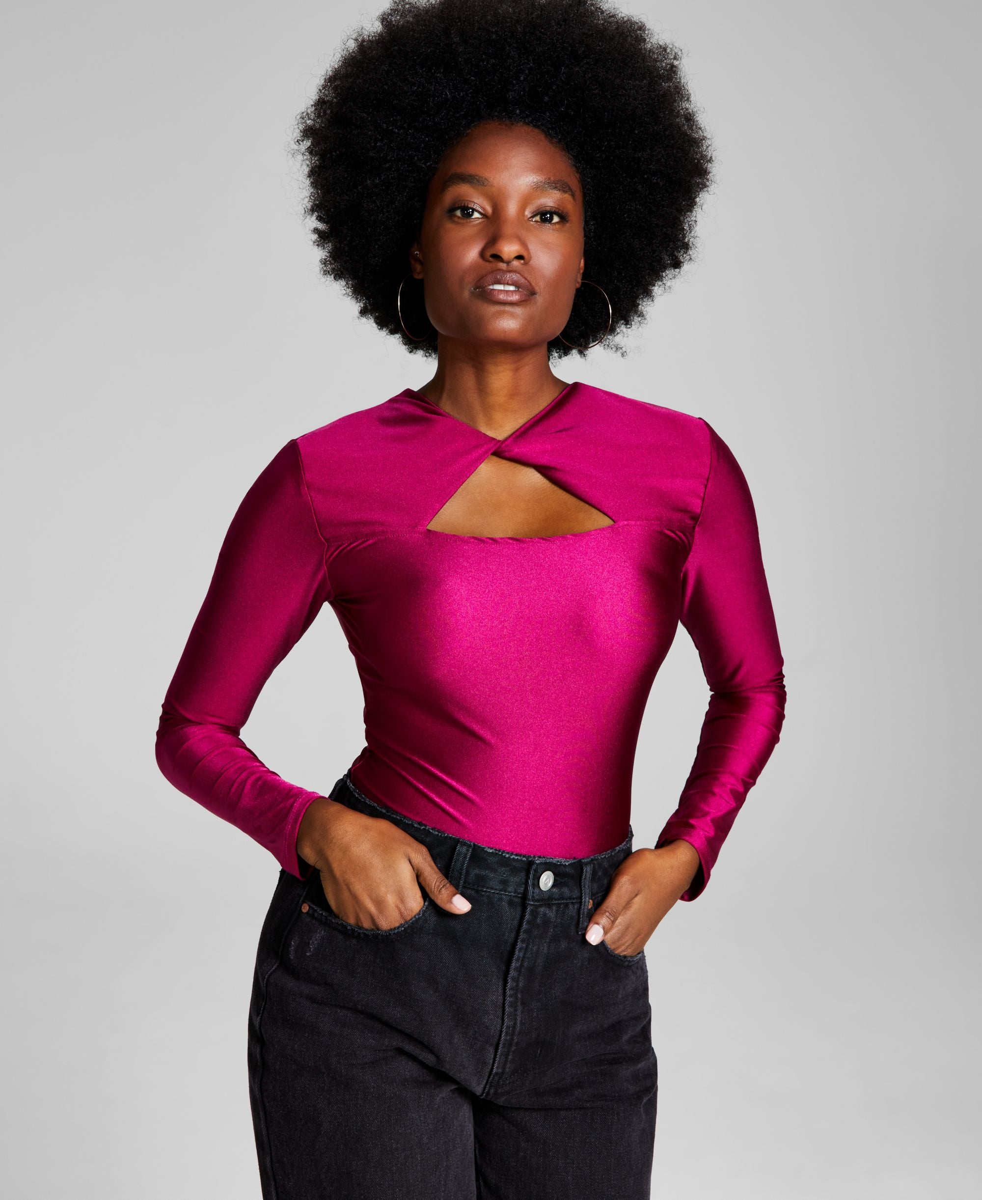 Women's Shiny Twisted Long-Sleeve Thong Bodysuit