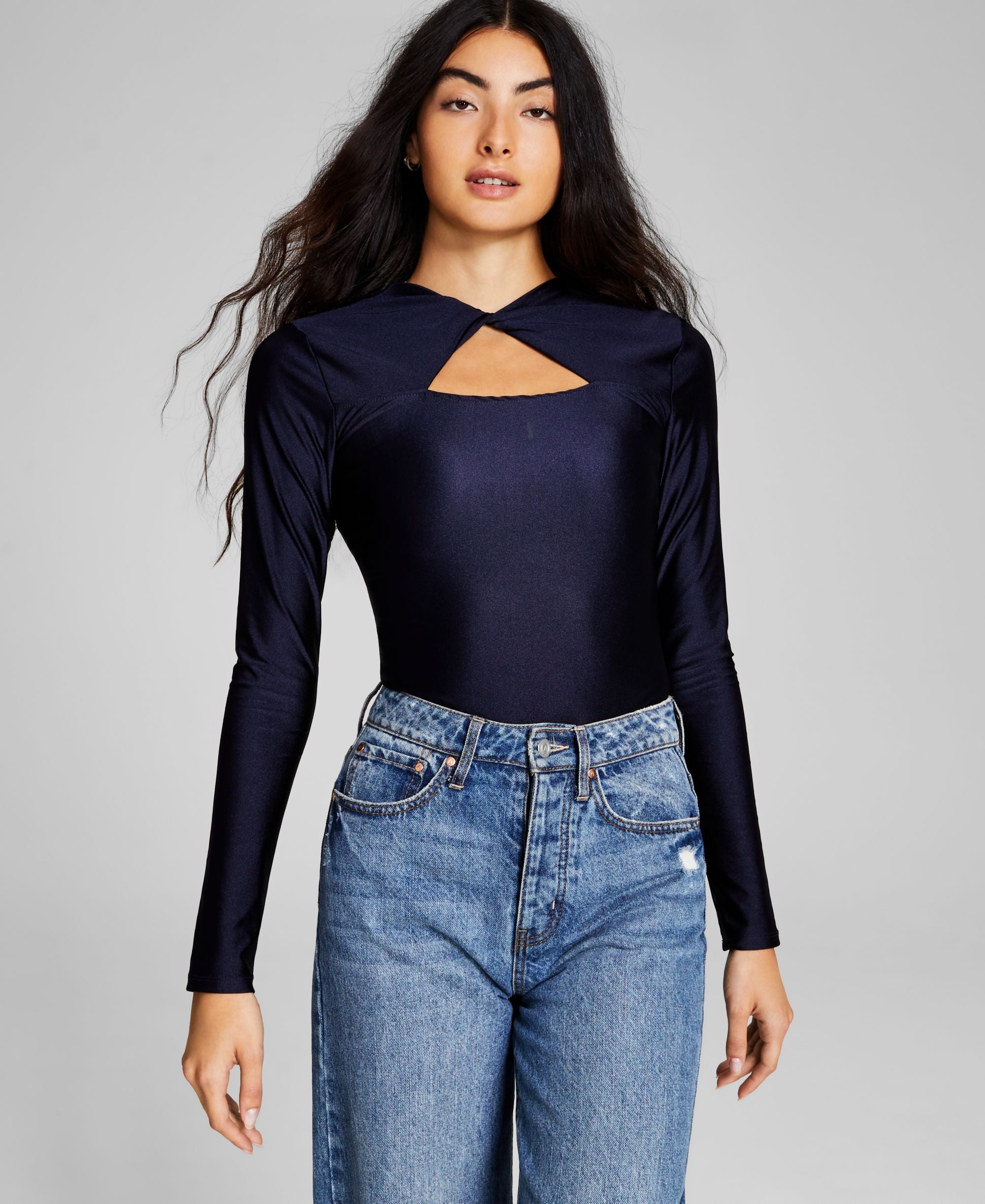 Women's Shiny Twisted Long-Sleeve Thong Bodysuit