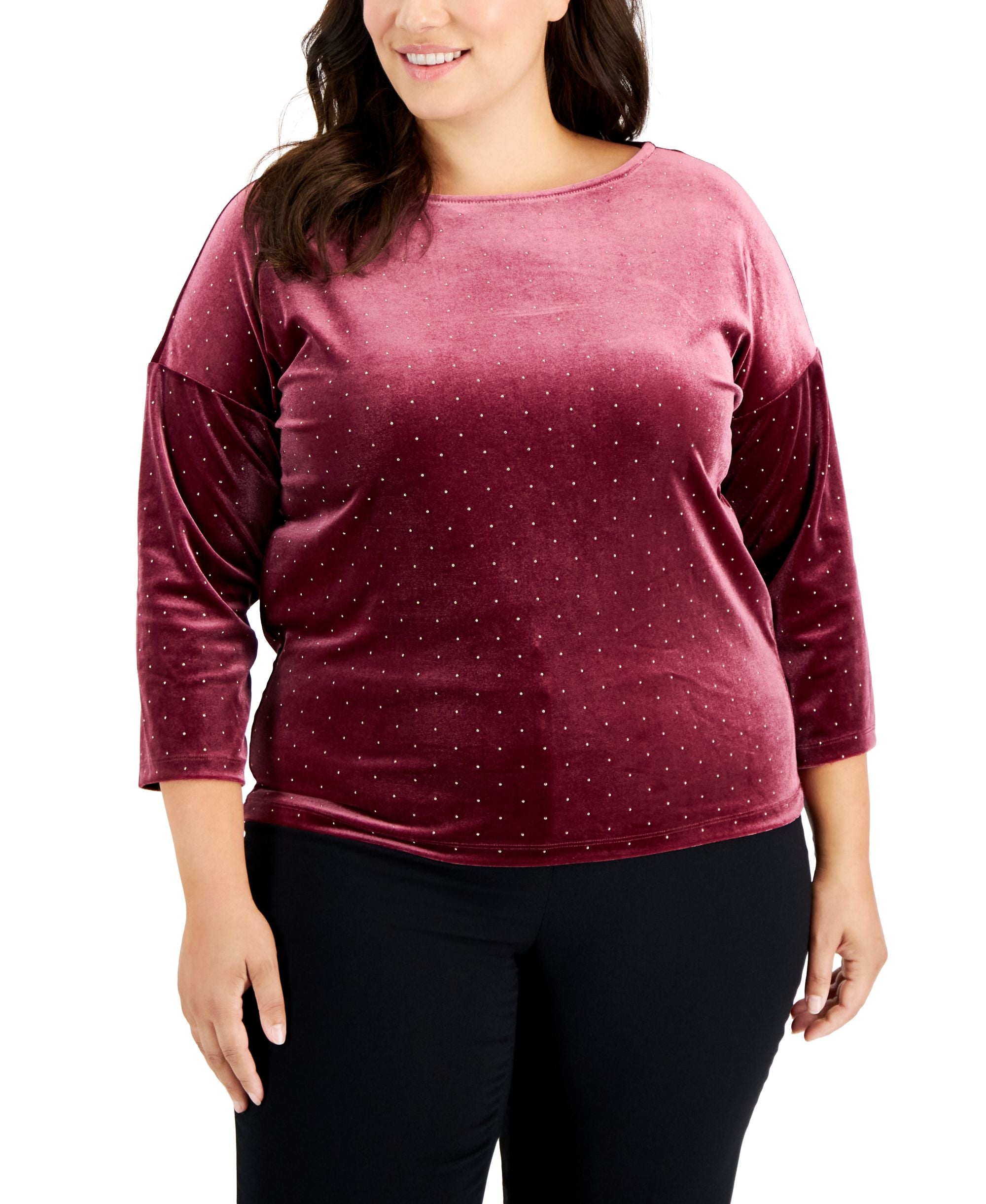 Plus Size Gift Giving Dew Drop Velour Dot-Print Premium Top
