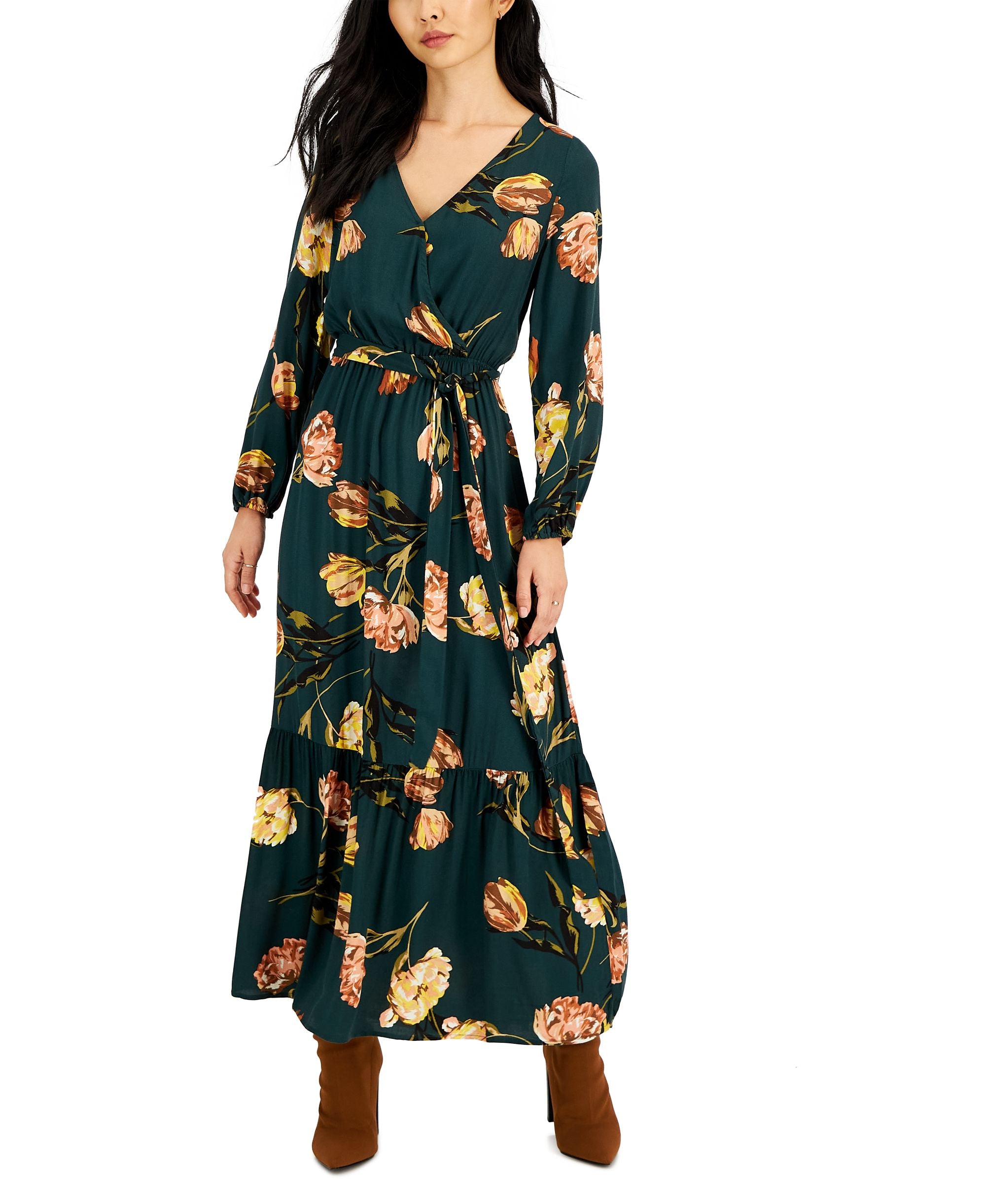Tinsel Petite Tiered Flounce Tie-Waist Surplice Neck Dress