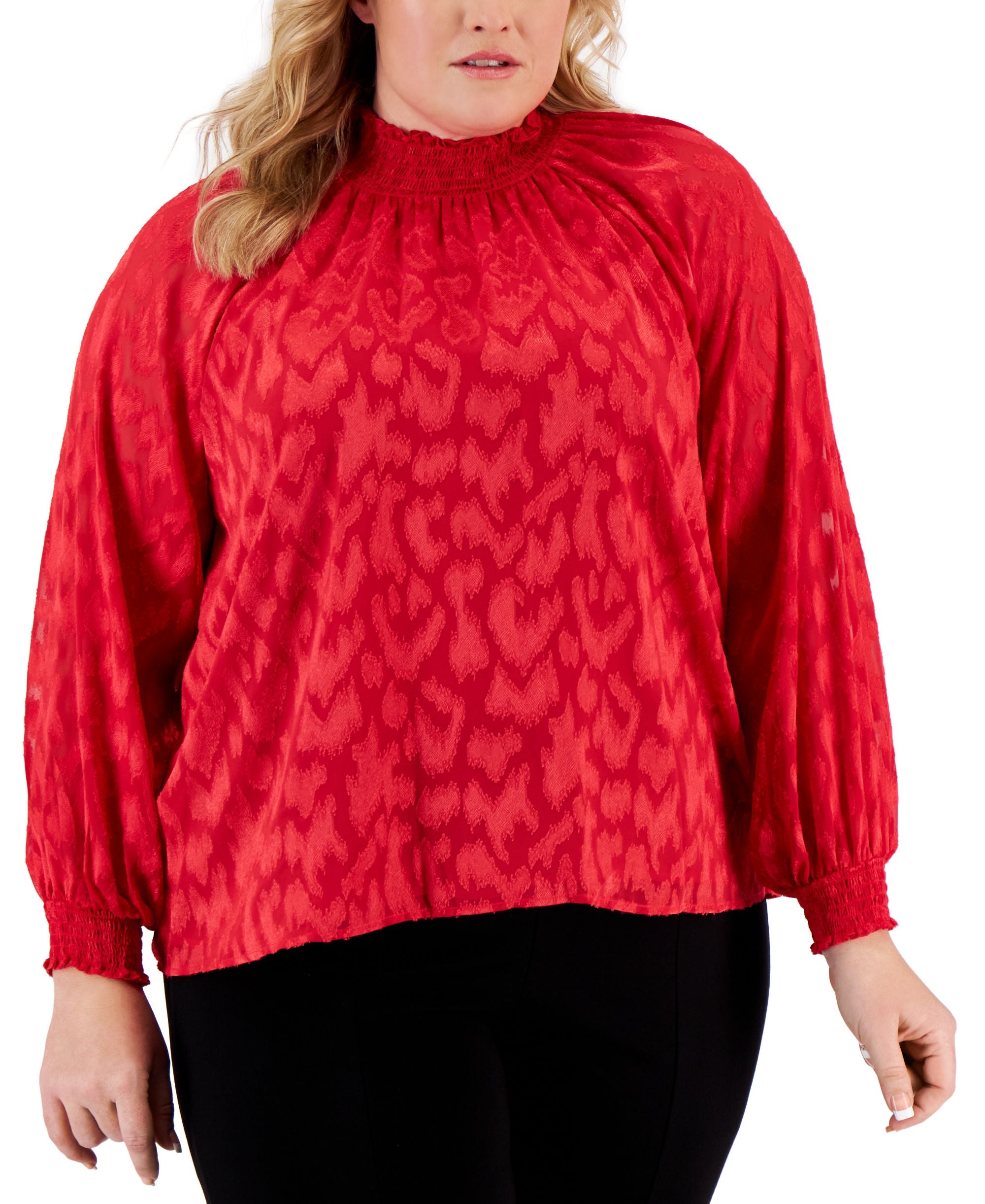 Calvin Klein Plus Size Printed Ruffled Collar Premium Top