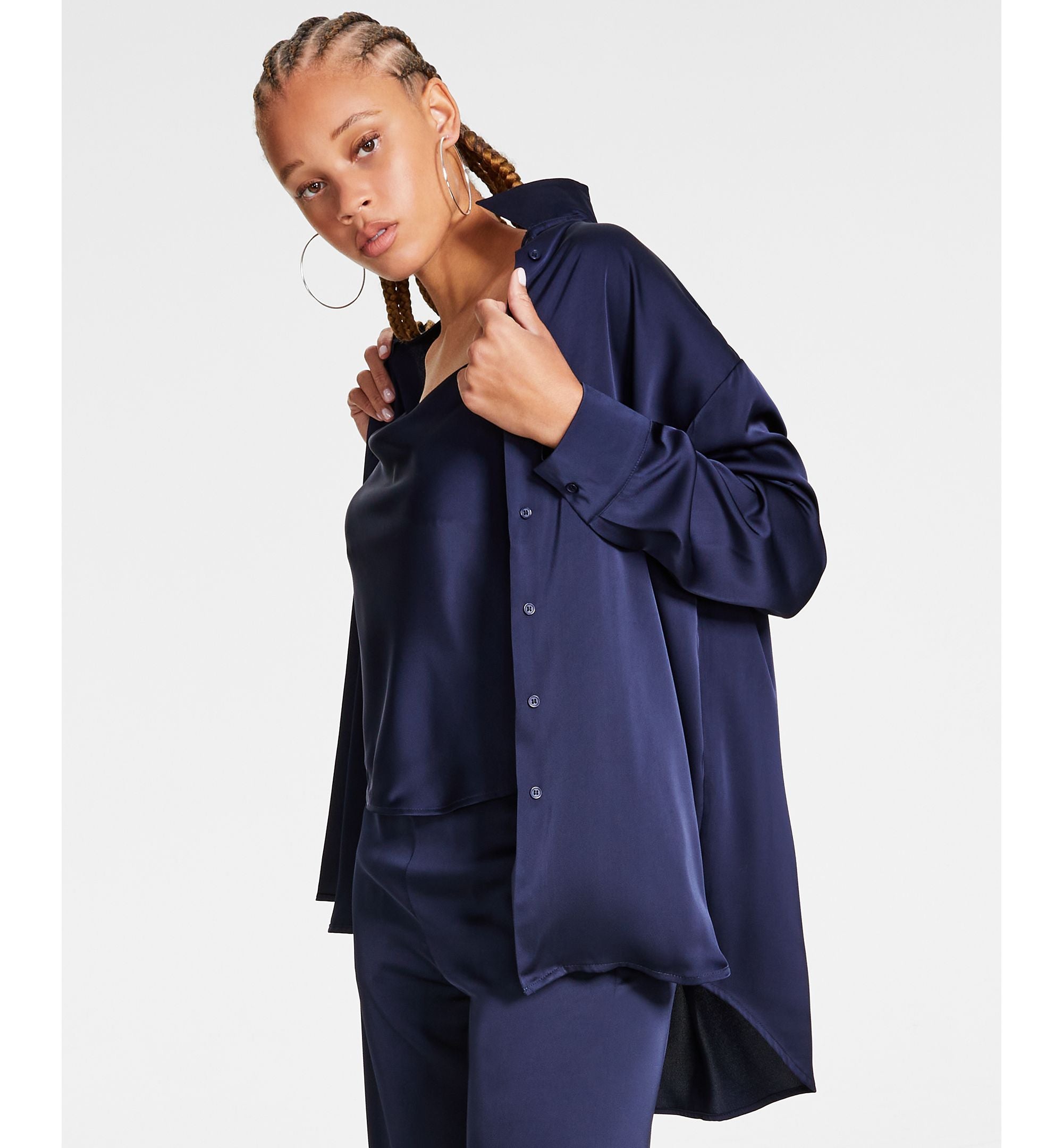 Women's Oversized Satin Collared Long-Sleeve Modern Shirt