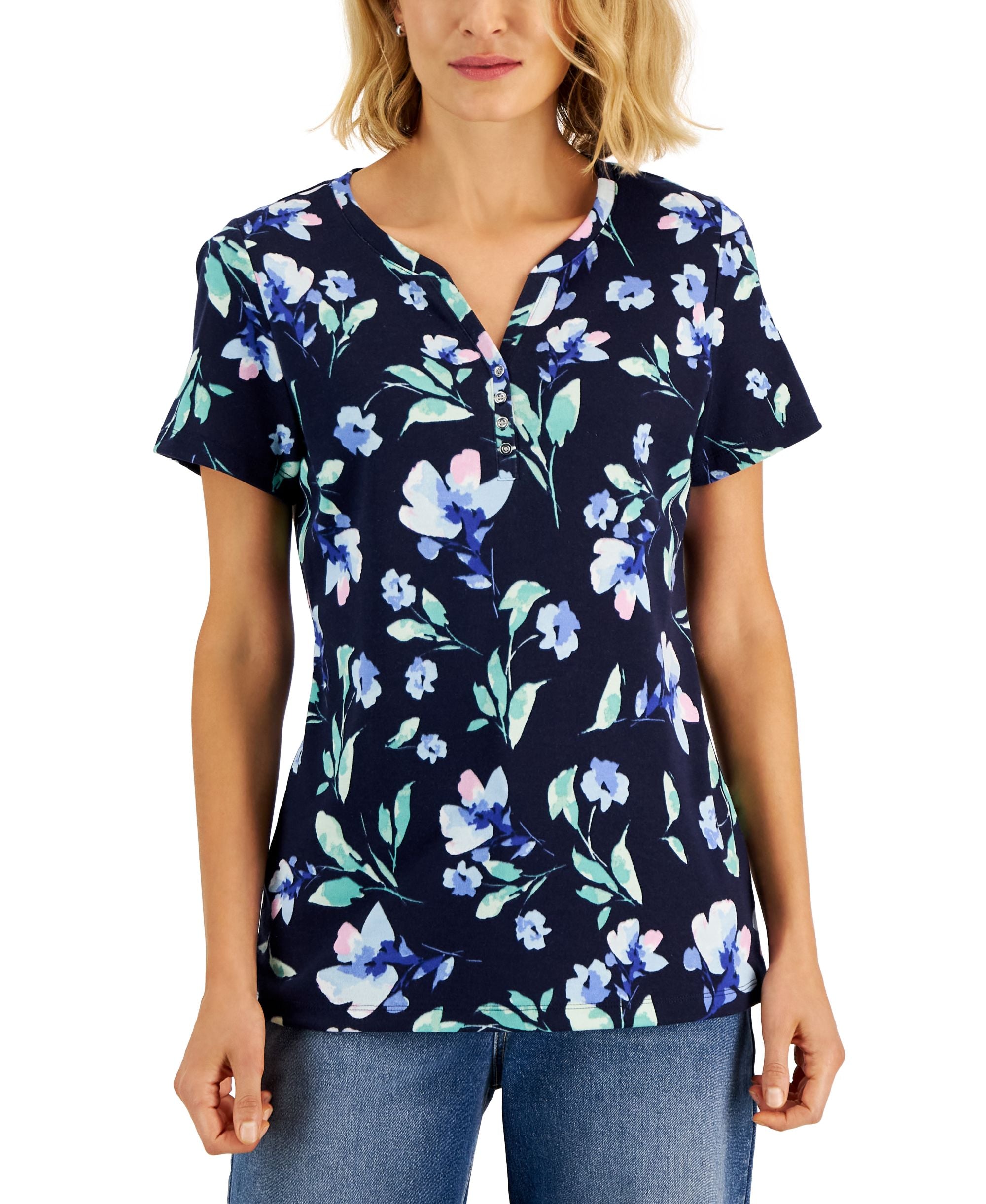 Karen Scott Womens Floral Print Relaxed Henley Premium Top