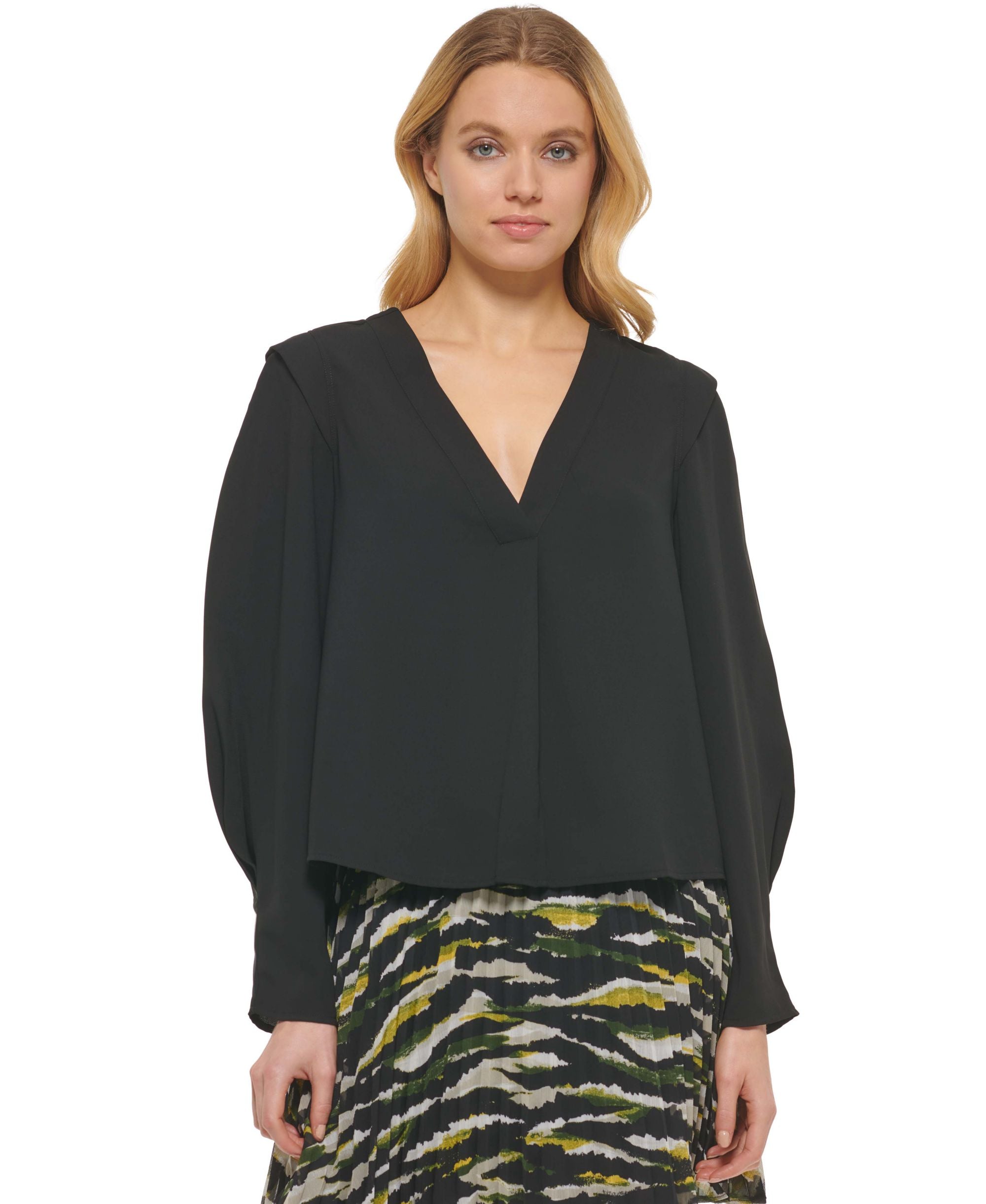 DKNY Womens V Neck Balloon Sleeve Premium Top