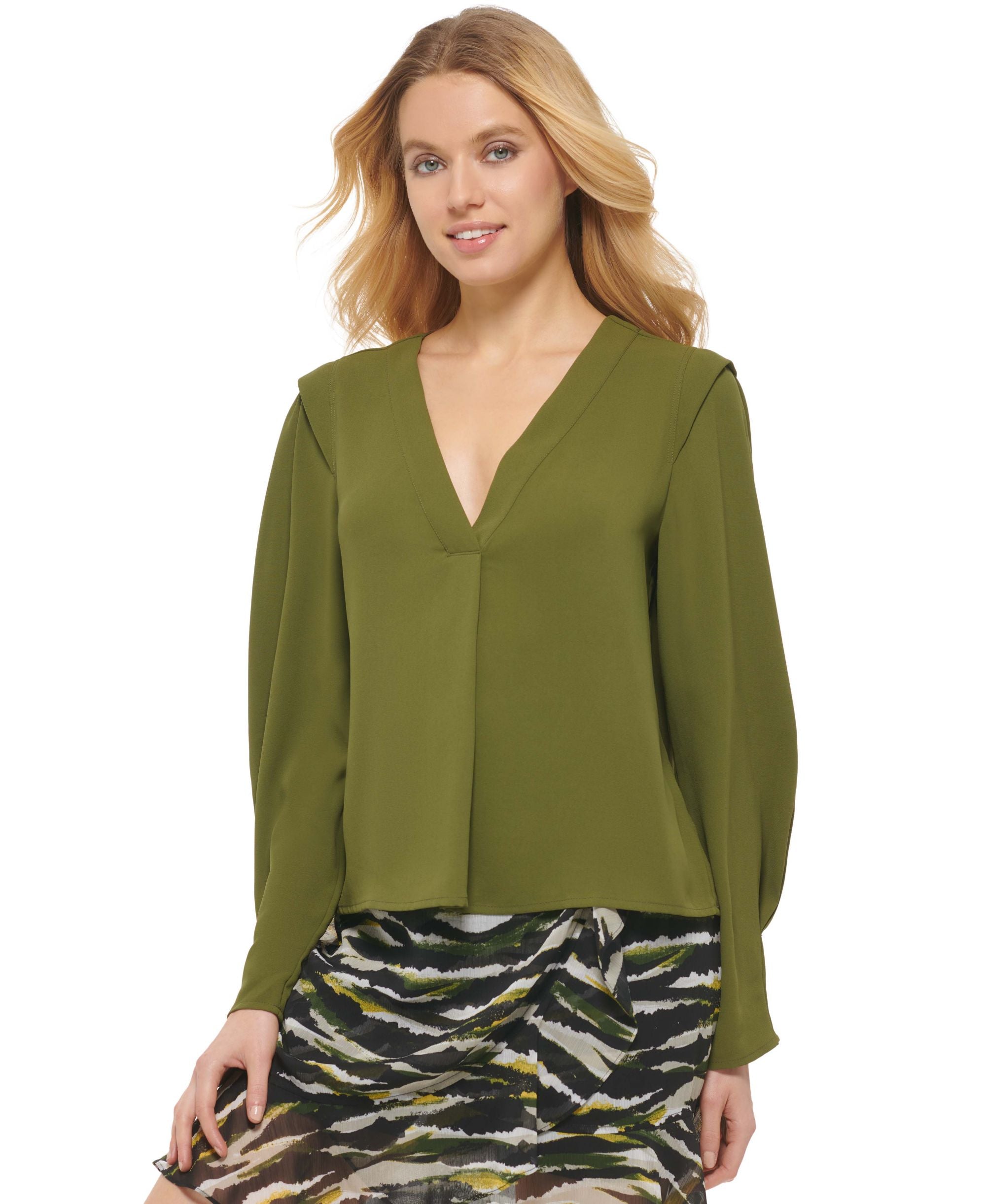 DKNY Womens V Neck Balloon Sleeve Premium Top