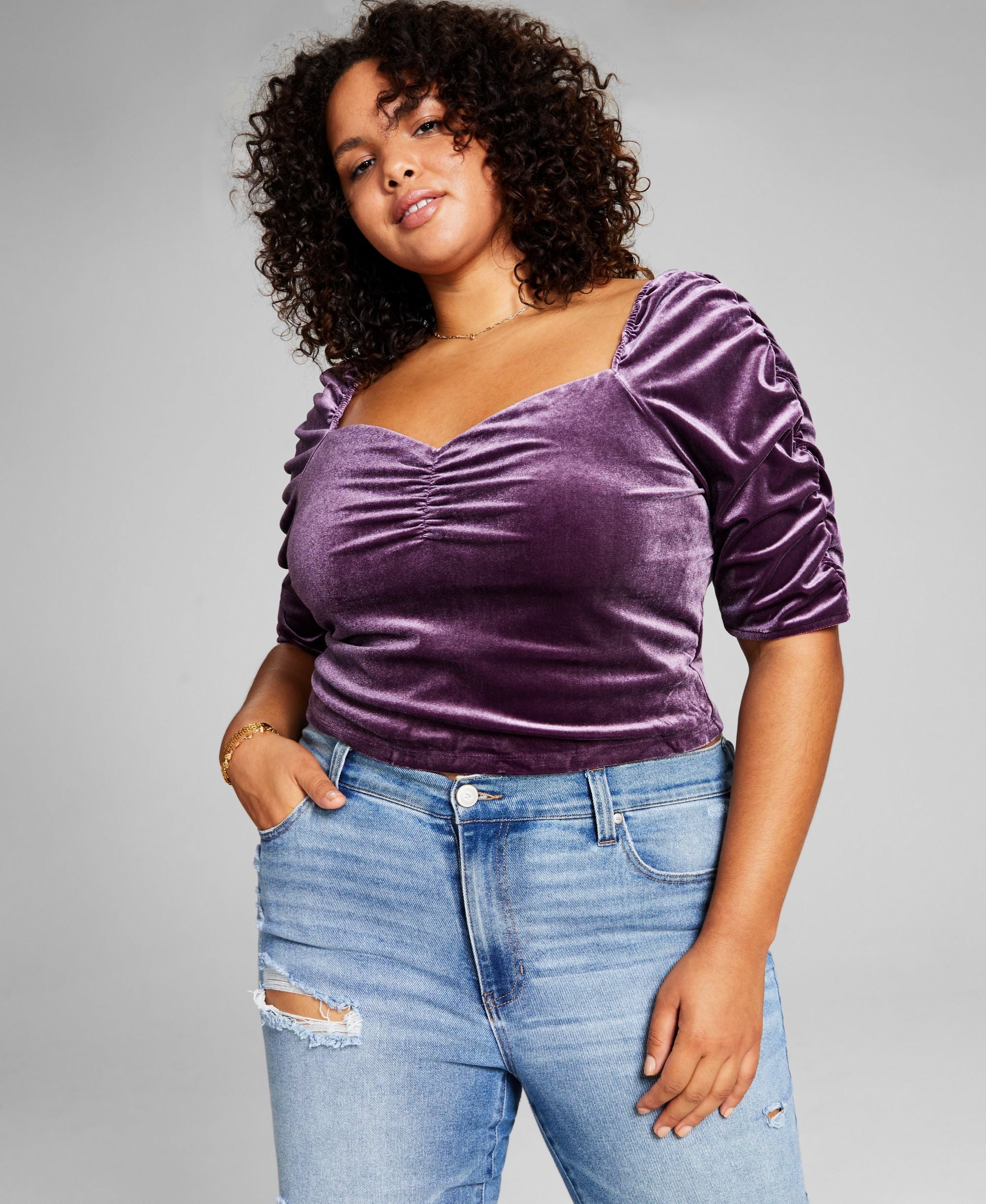 Now This Modern Plus Size Puff-Sleeve Velvet Premium Top