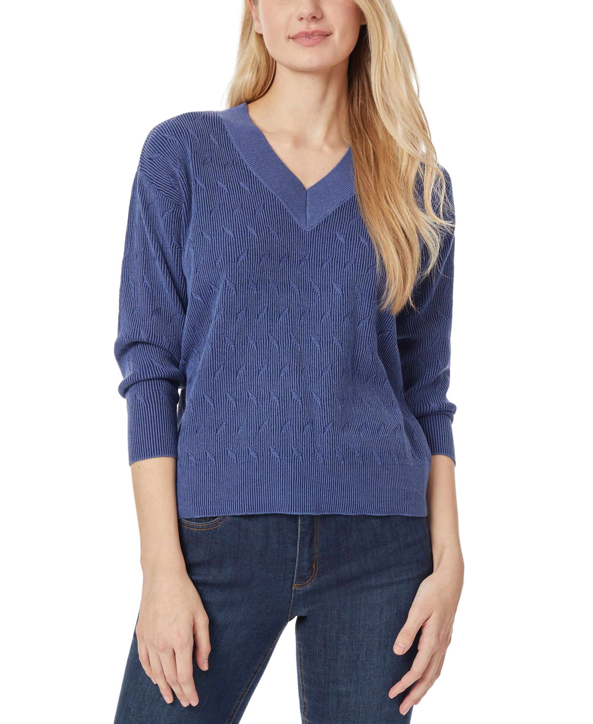 Jones New York Womens Two Tone Stitch V Neck Pullover Sweater