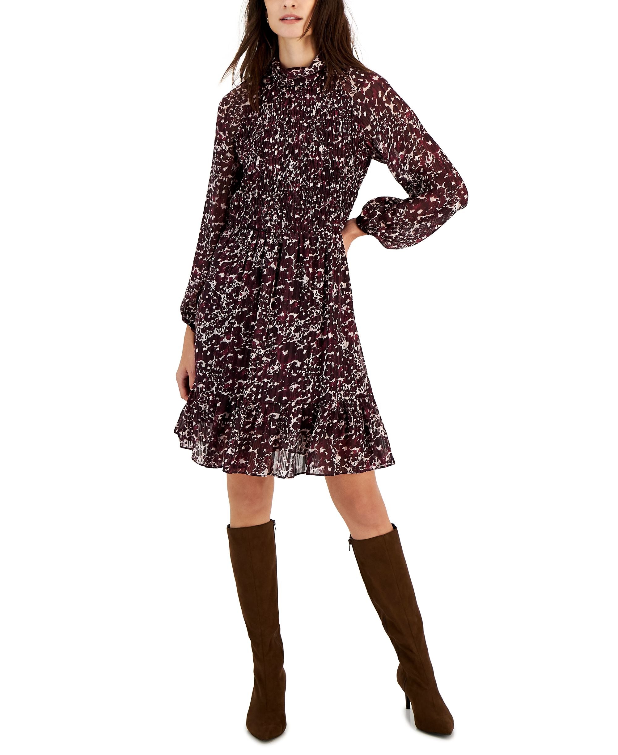 Taylor Womens Printed Mock Neck Smocked Long-Sleeve Dress