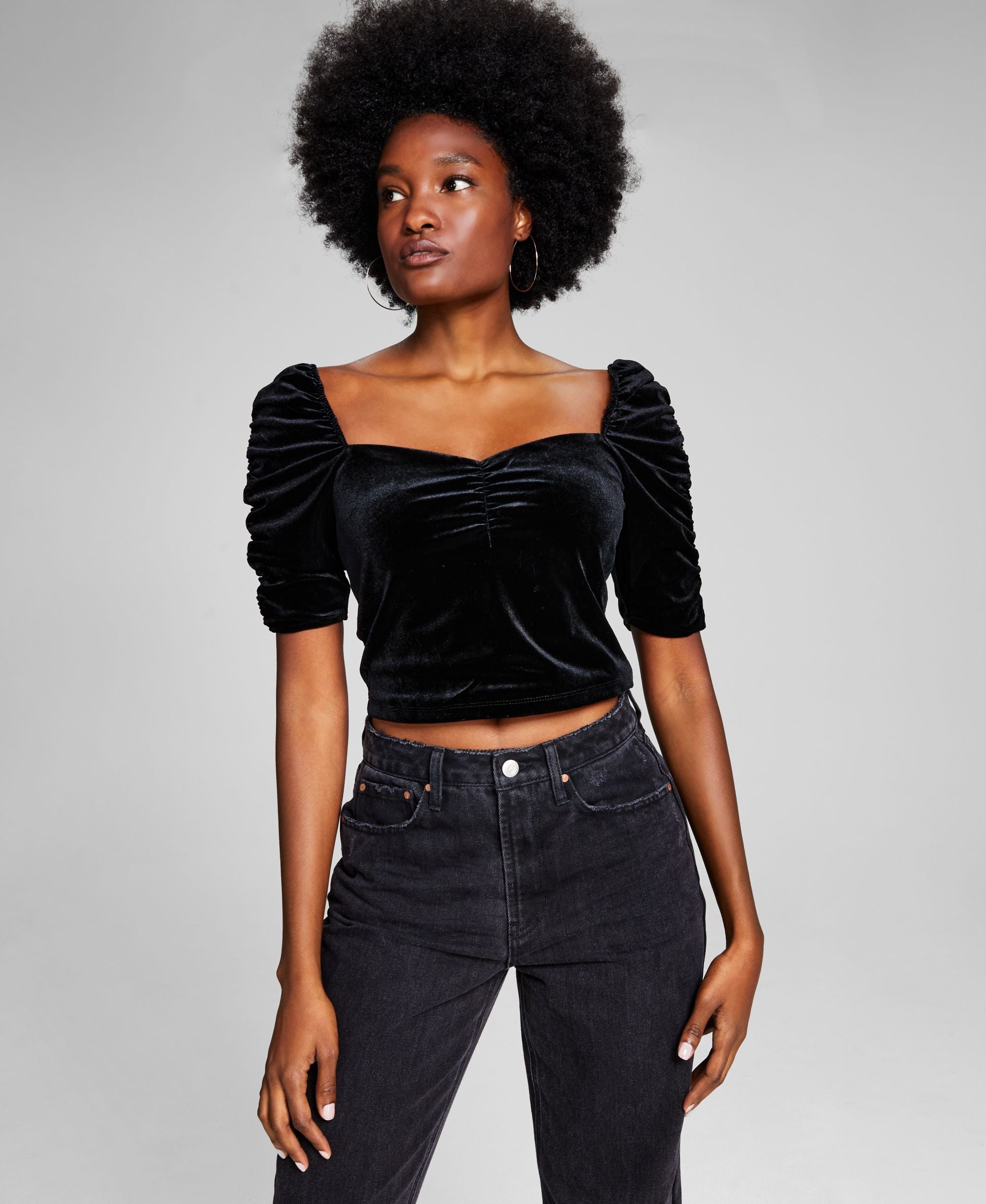Women's Velvet Ruched-Sleeve Crop Premium Top