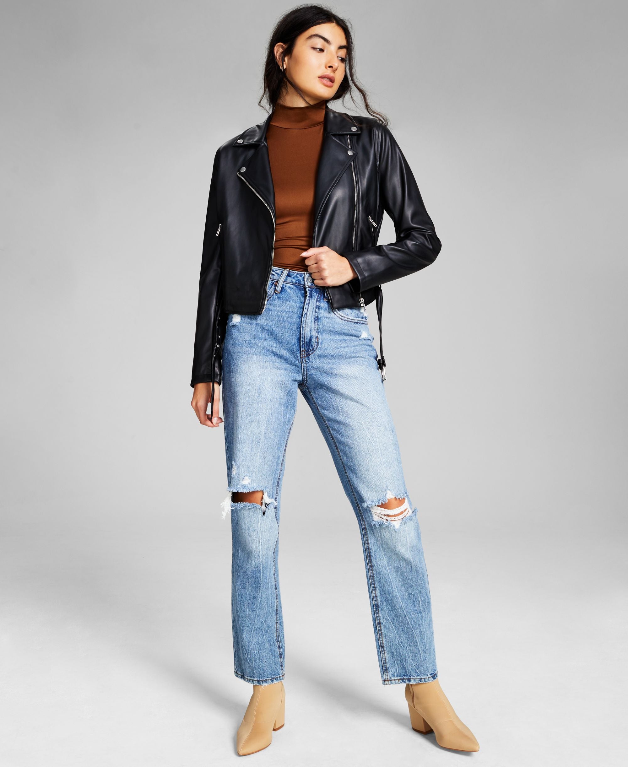 Women's Belted Faux-Leather Moto Jacket