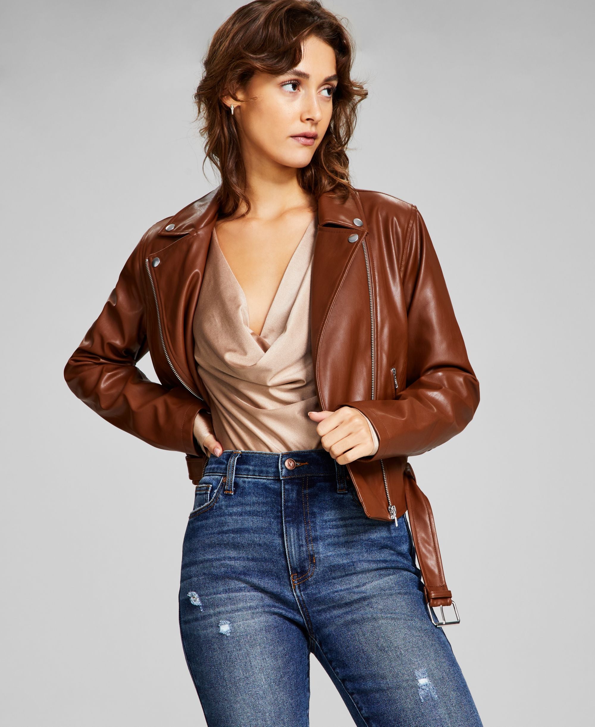 Women's Belted Faux-Leather Moto Jacket