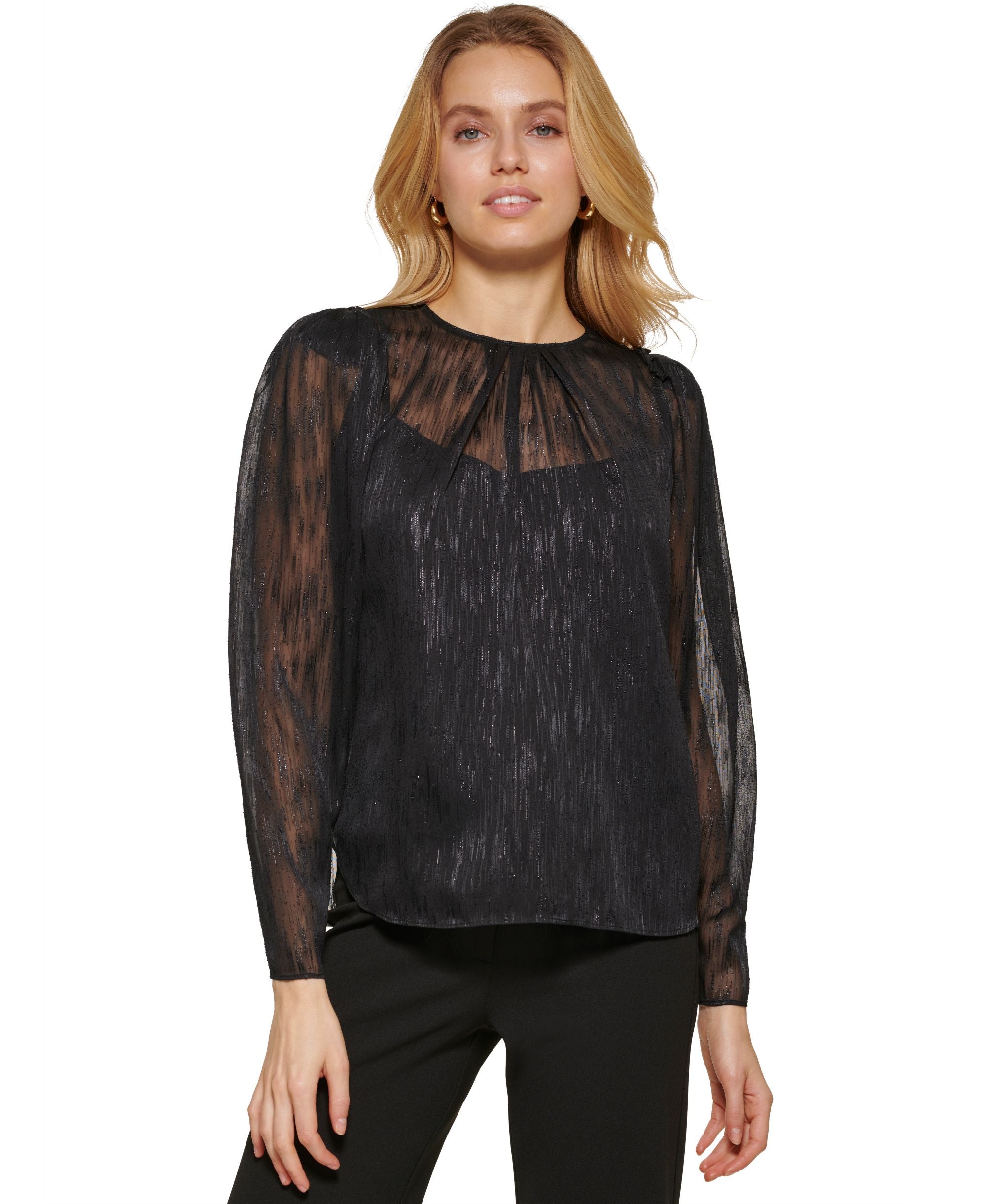 DKNY Womens Crewneck Long Puff-Sleeve Mesh Premium Top