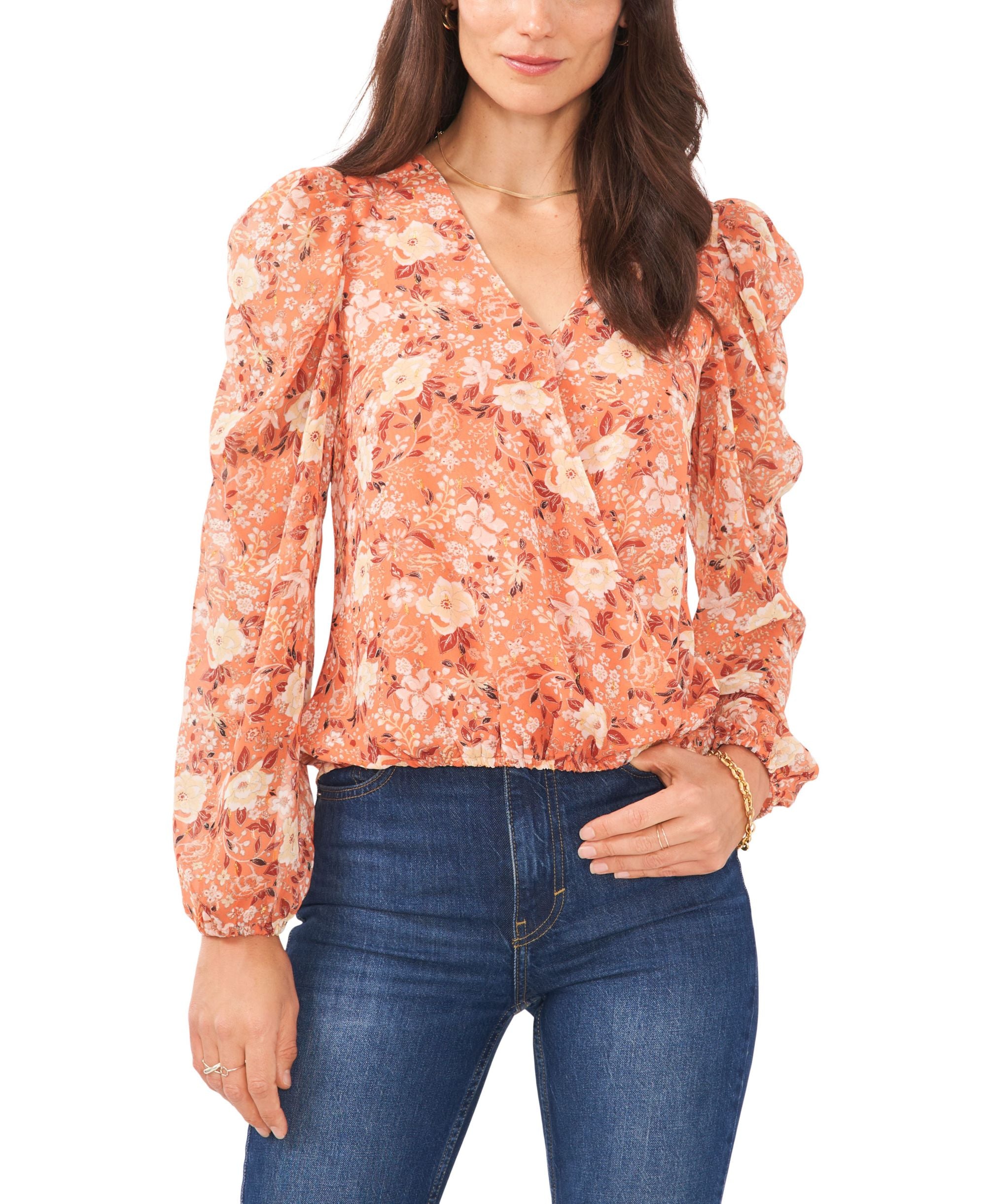 Women's Long-Sleeve Faux Wrap V-Neck Signature Blouse