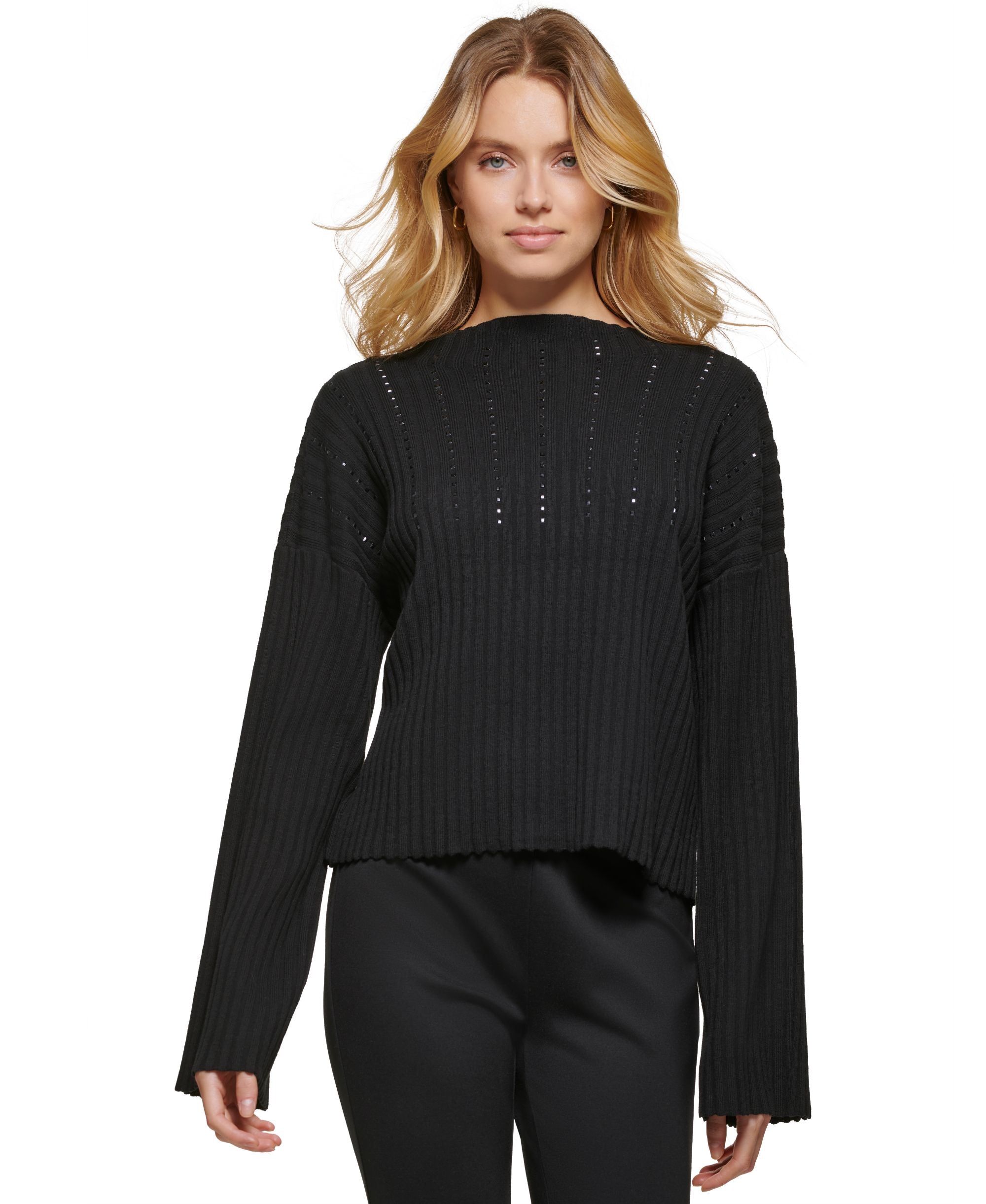 DKNY Womens Studded Front Cowlneck Long-Sleeve Sweater
