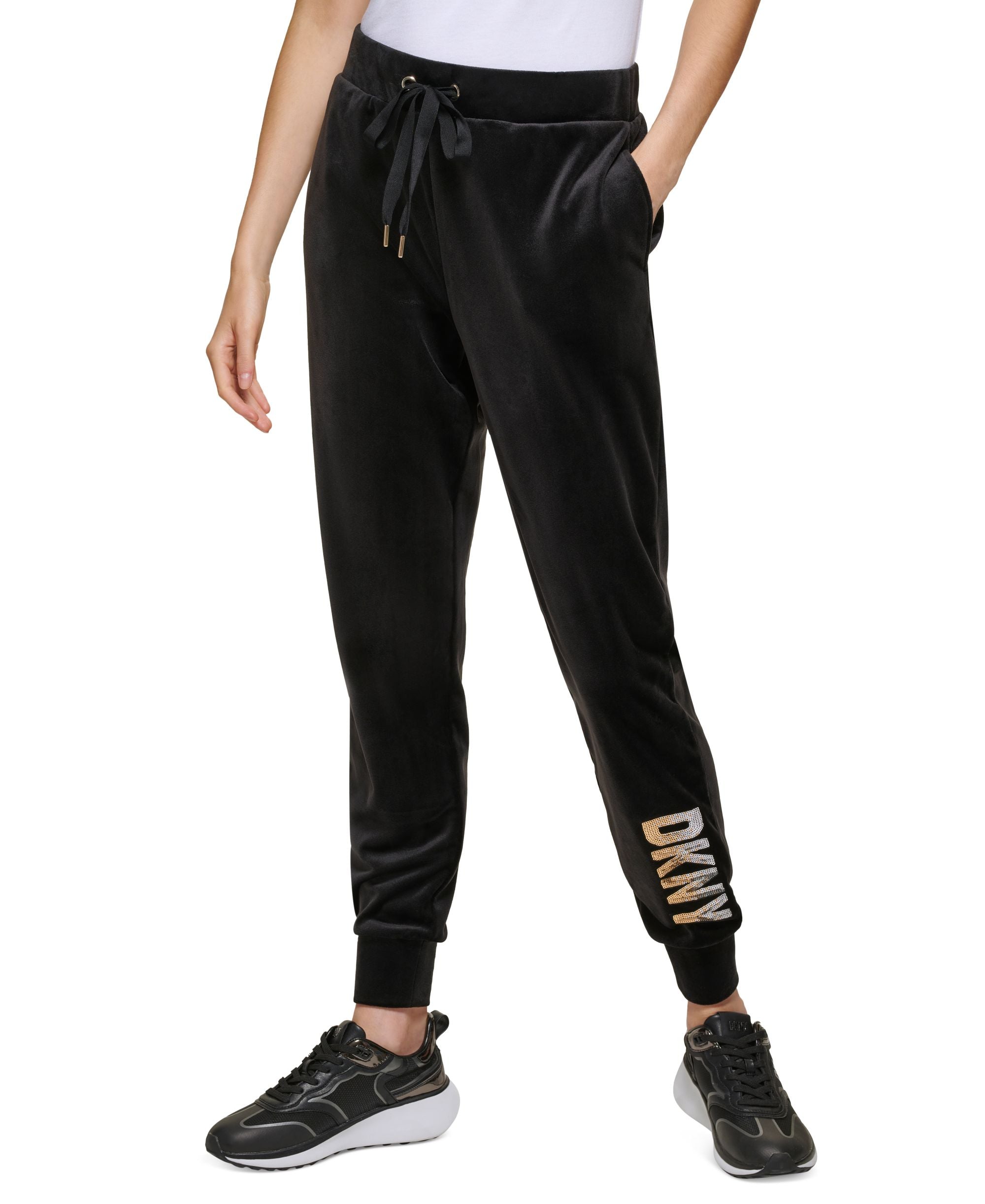 Women's Velour Sequined-Logo Tie-Waist Signature Pants
