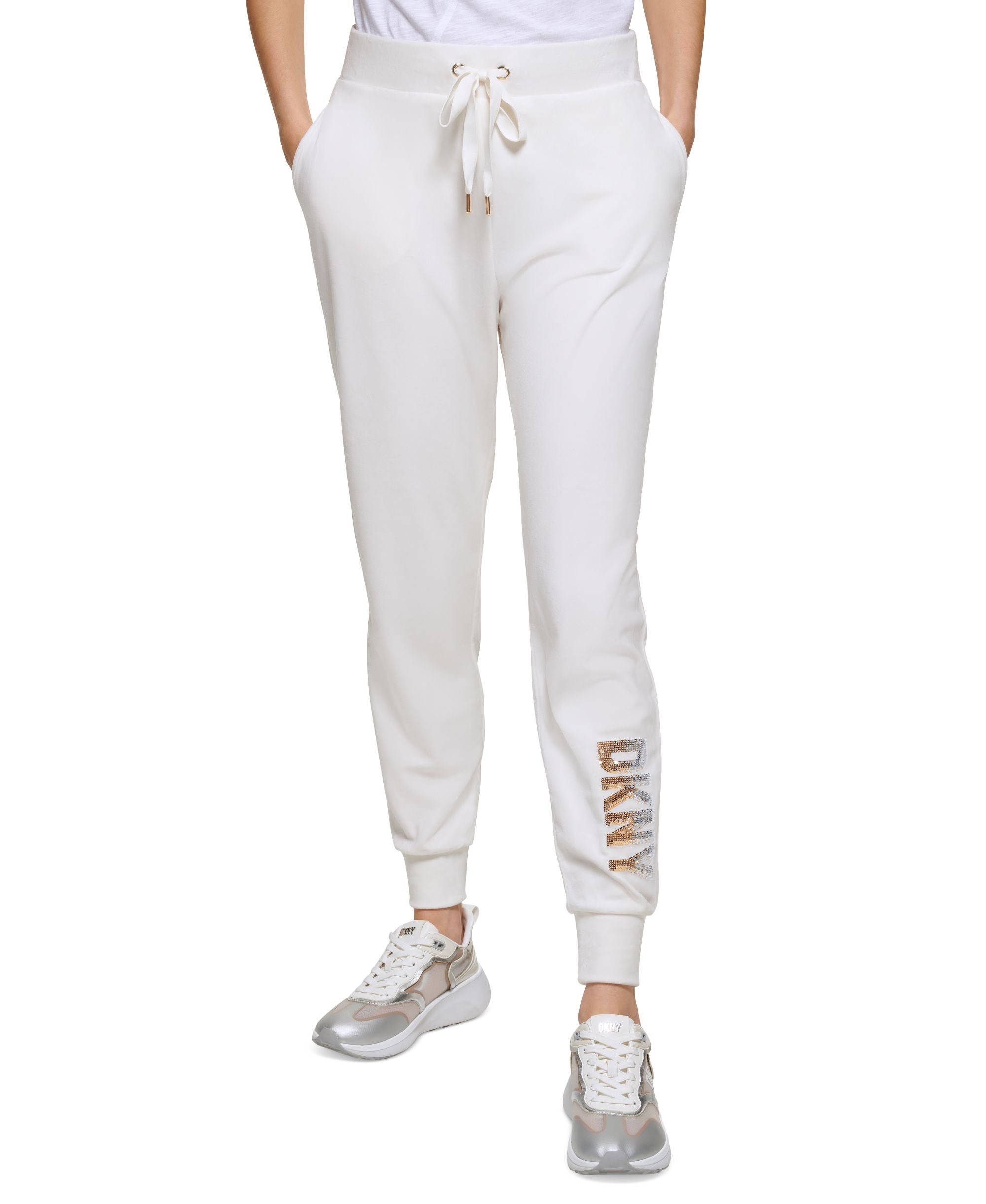 Women's Velour Sequined-Logo Tie-Waist Signature Pants
