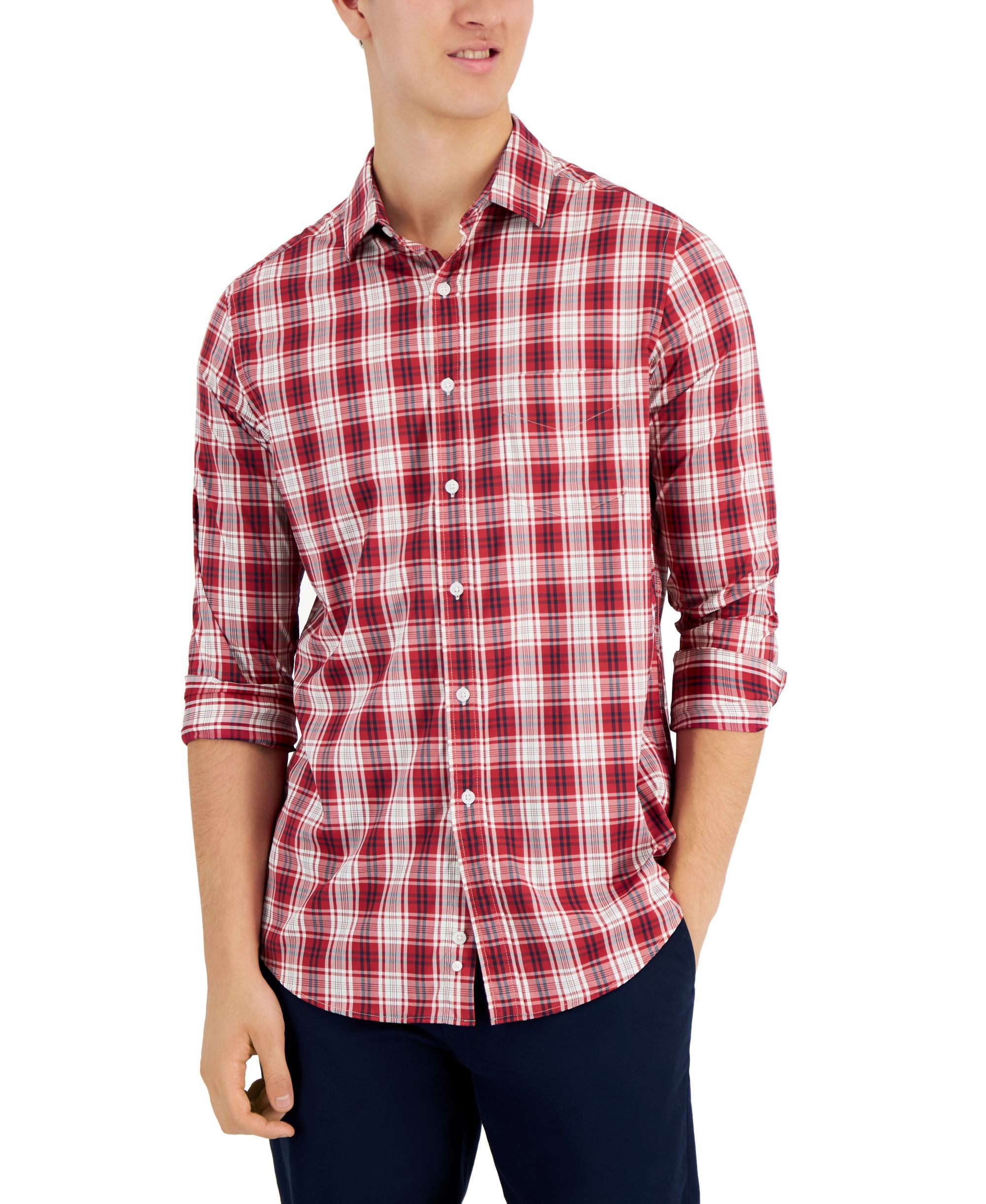 Club Room Mens Plaid Tech Woven Button Up Modern Shirt