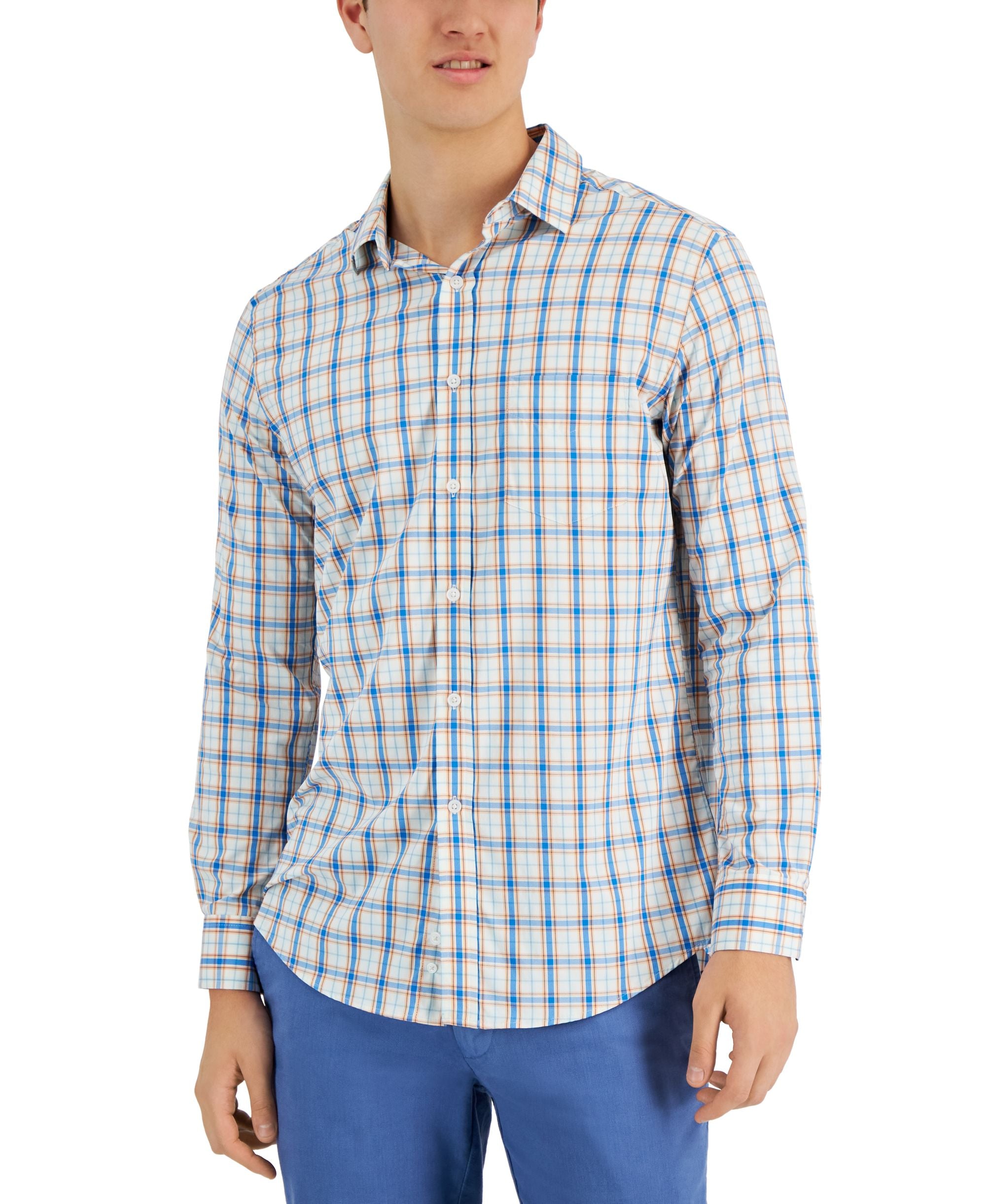 Club Room Mens Plaid Tech Woven Button Up Modern Shirt