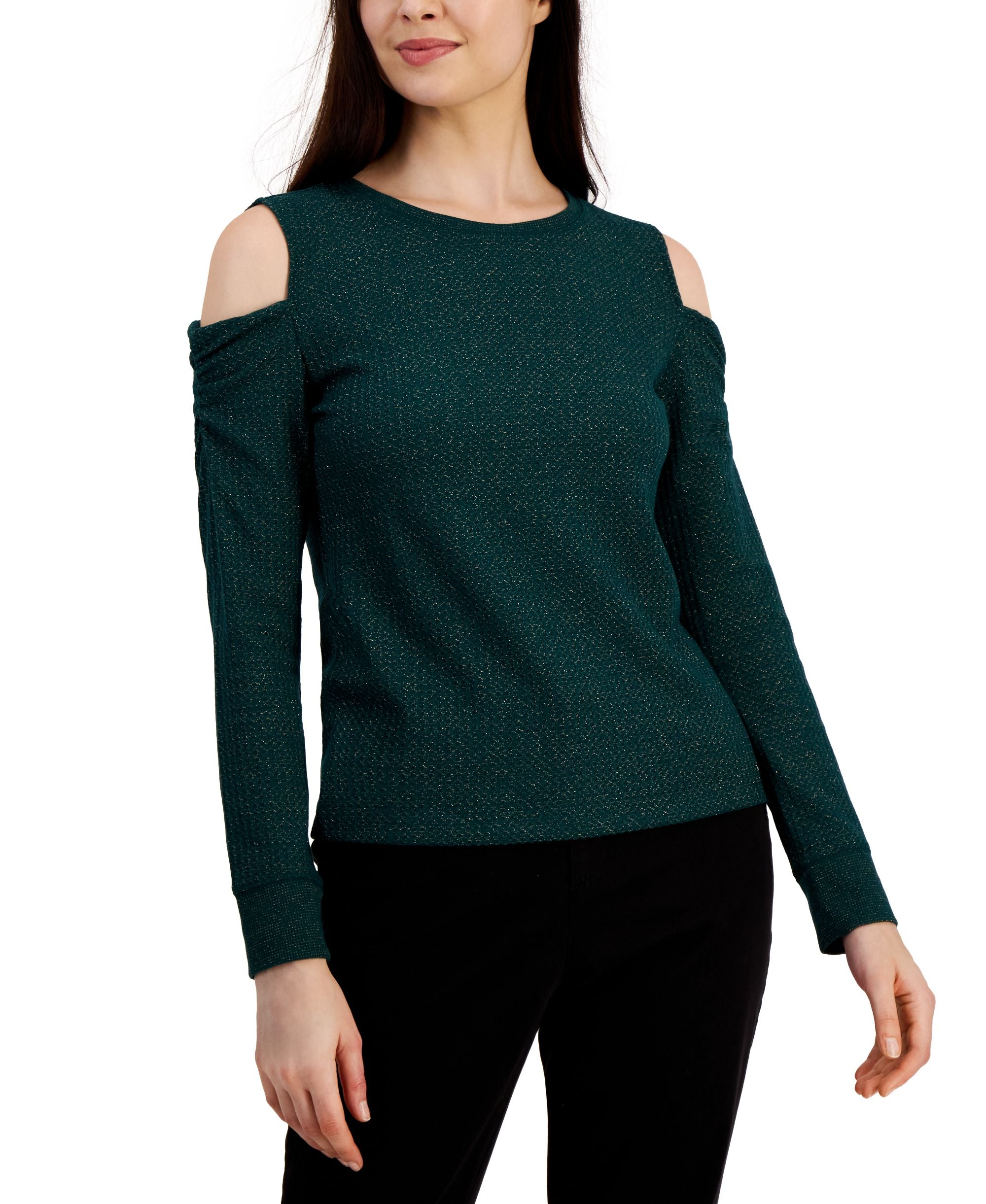 Tommy Hilfiger Womens Metallic Waffled Cold Shoulder Modern Shirt