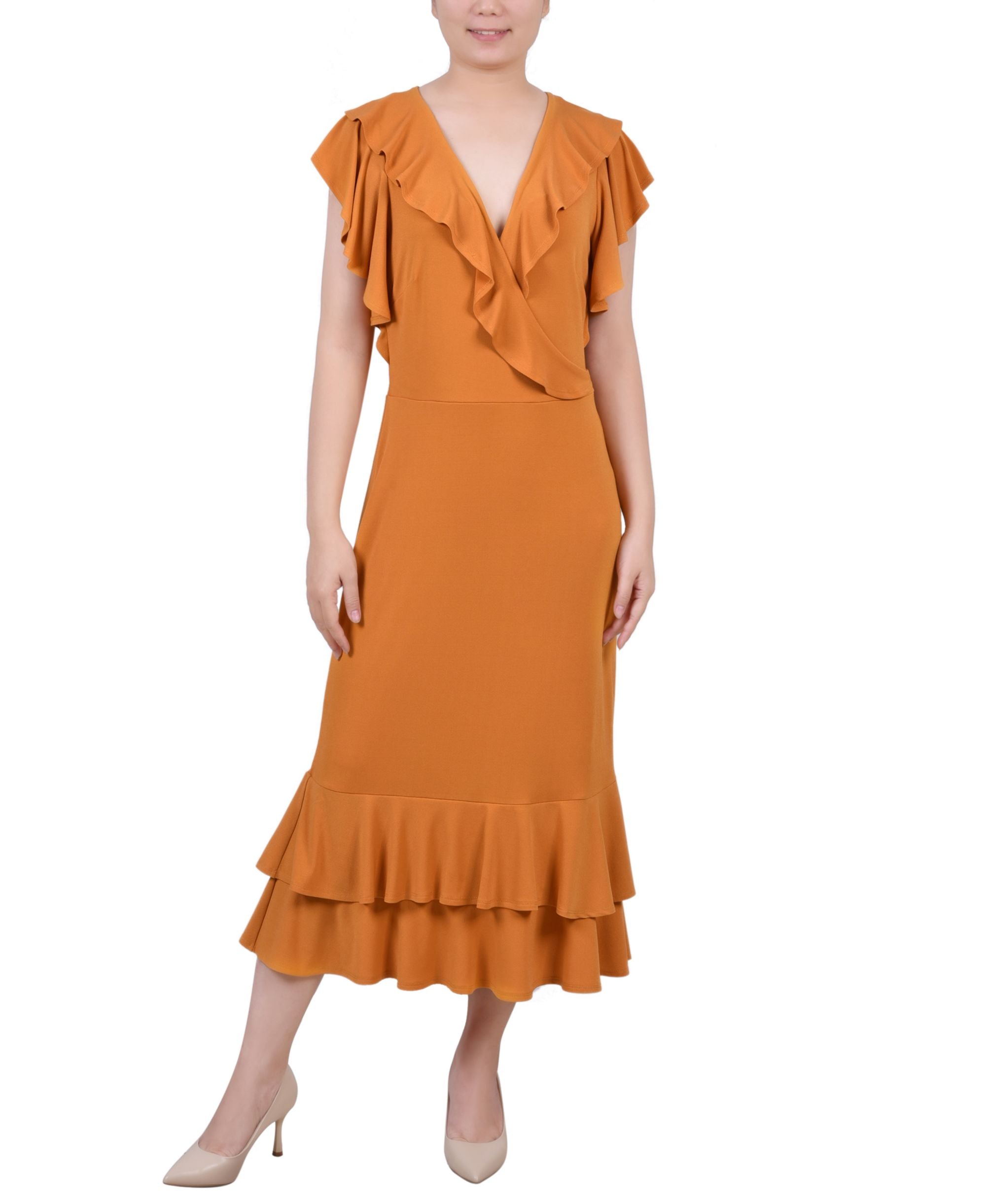 Petite Flutter-Sleeve Ruffle Midi Dress