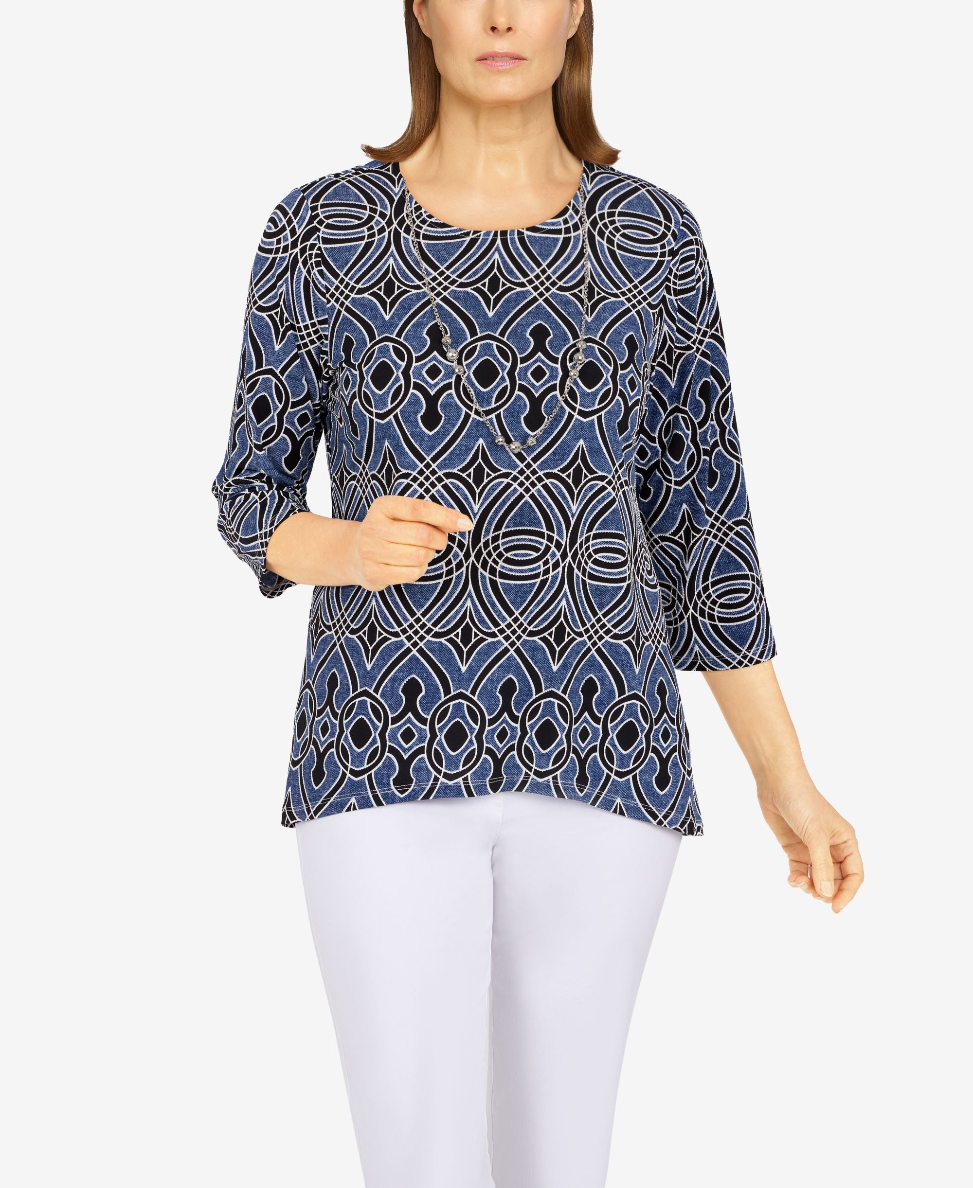 Alfred Dunner Petite Size Classics Biadere Puff Print Premium Top With Detachable Necklace