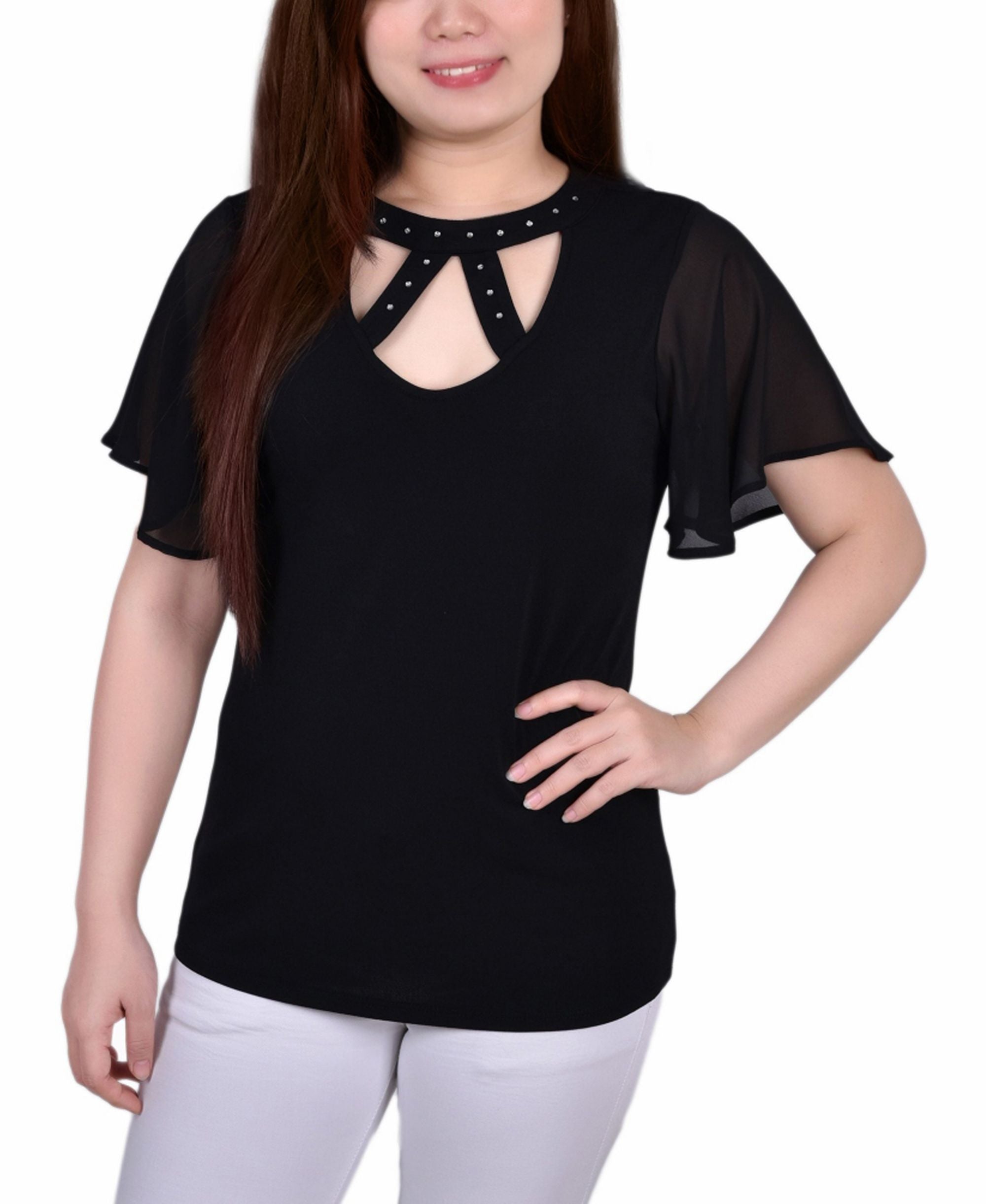 NY Collection Petite Short Flutter-Sleeve Premium Top With Rhinestone Studs