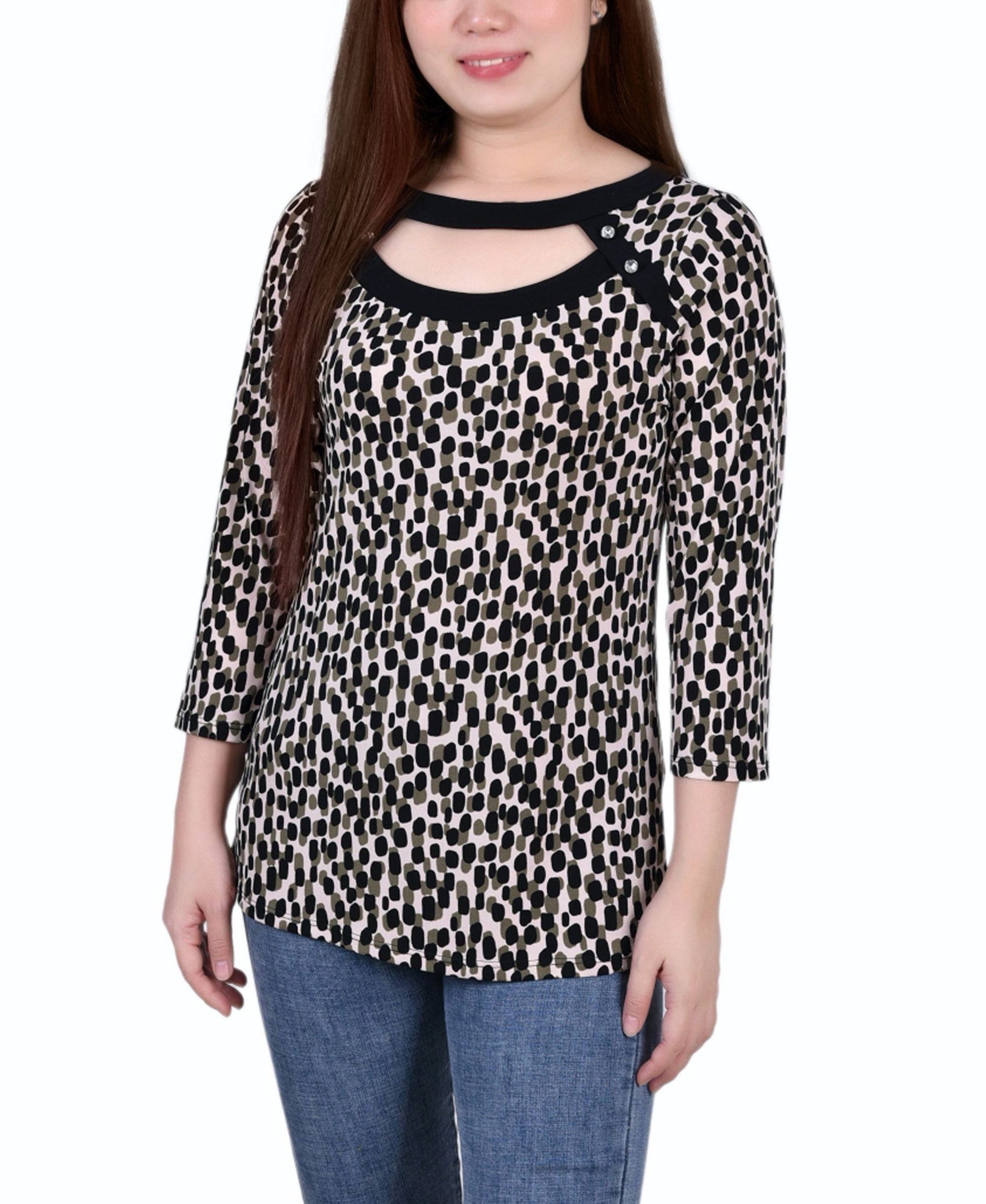 NY Collection Petite 3/4 Sleeve With Combo Bands Front Cutout Premium Top