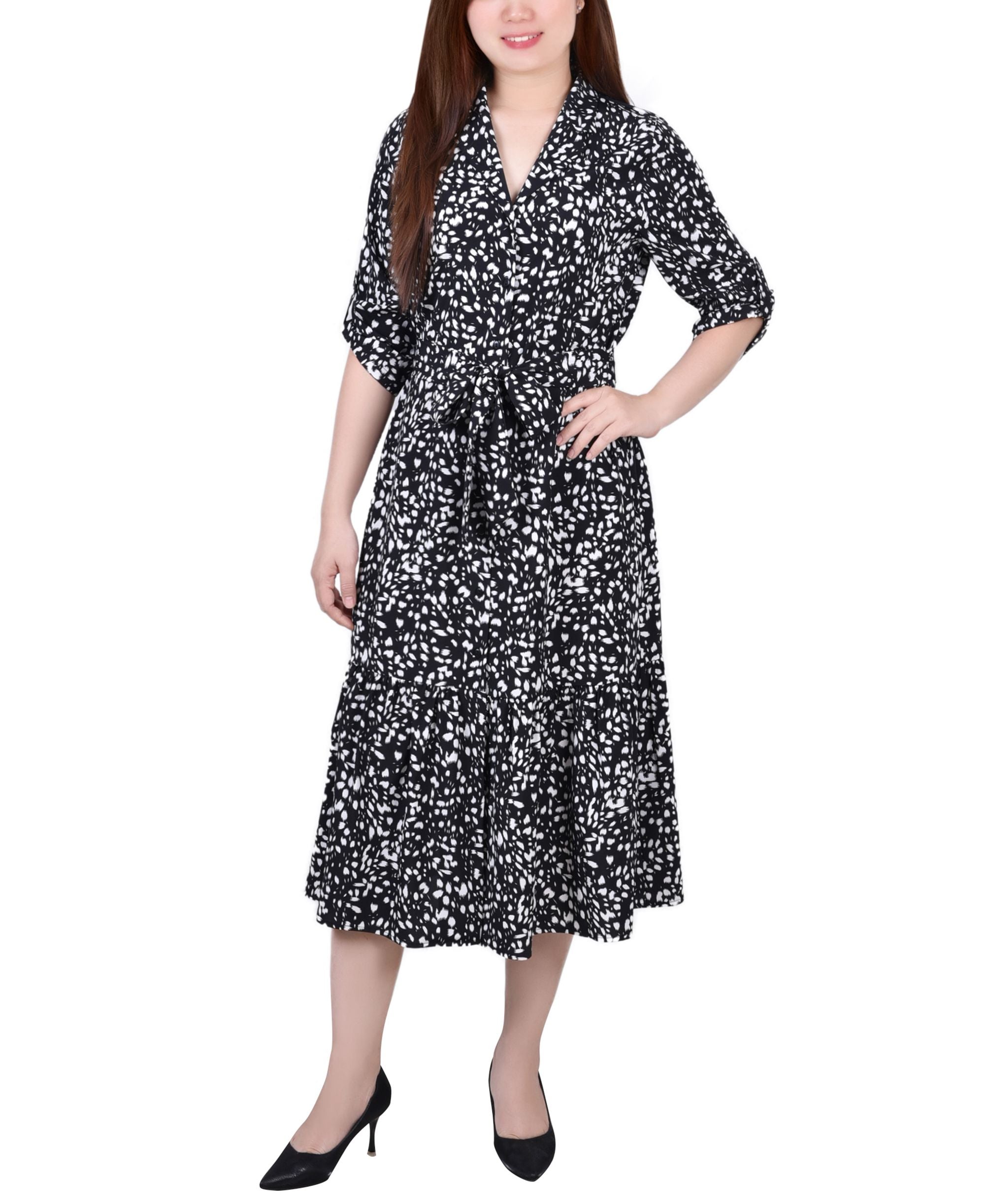 NY Collection Petite Long-Sleeve Tiered Flounce Dress With Belt