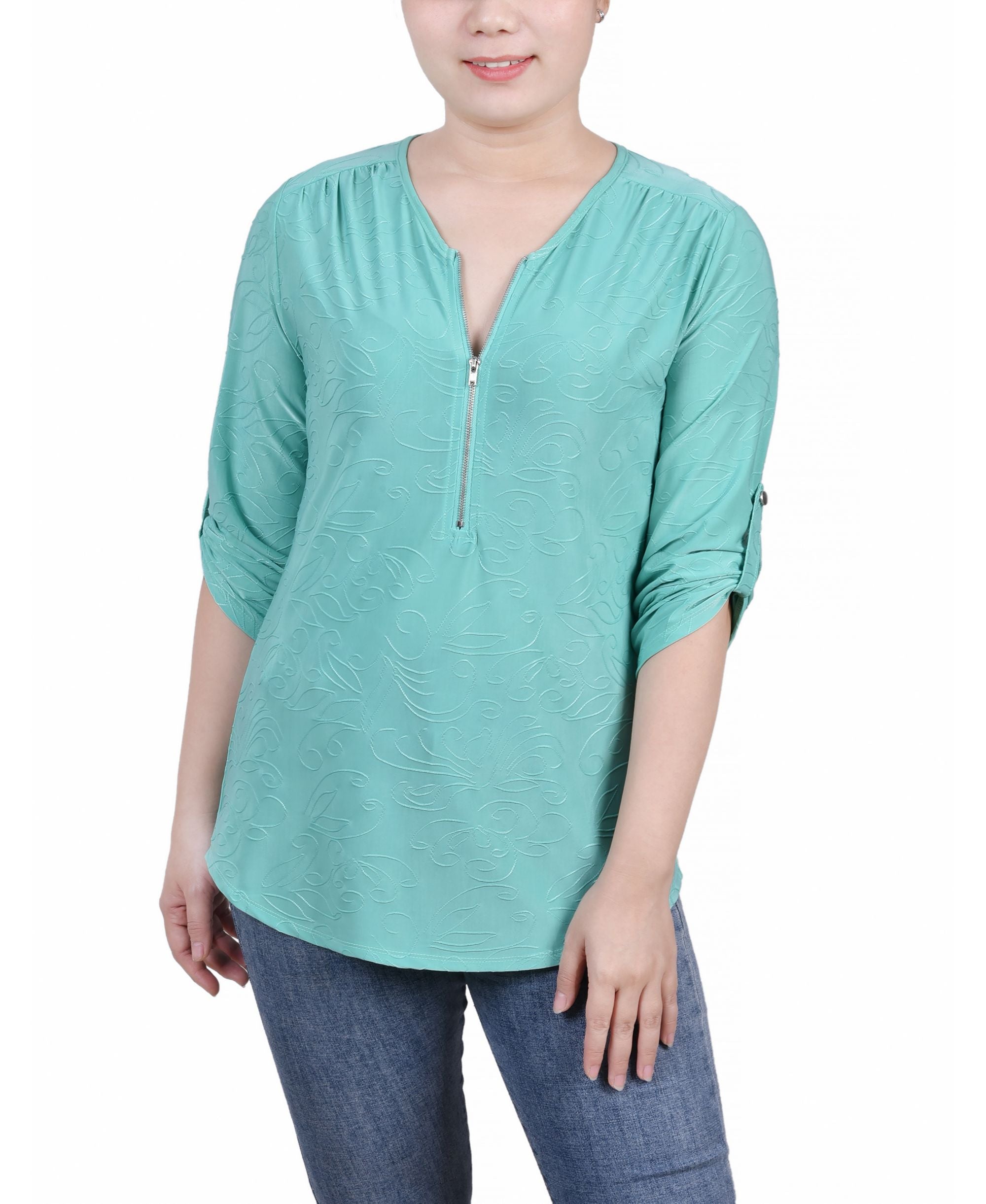 NY Collection Petite 3/4 Roll Tab Zip-Front Jacquard Knit Premium Top