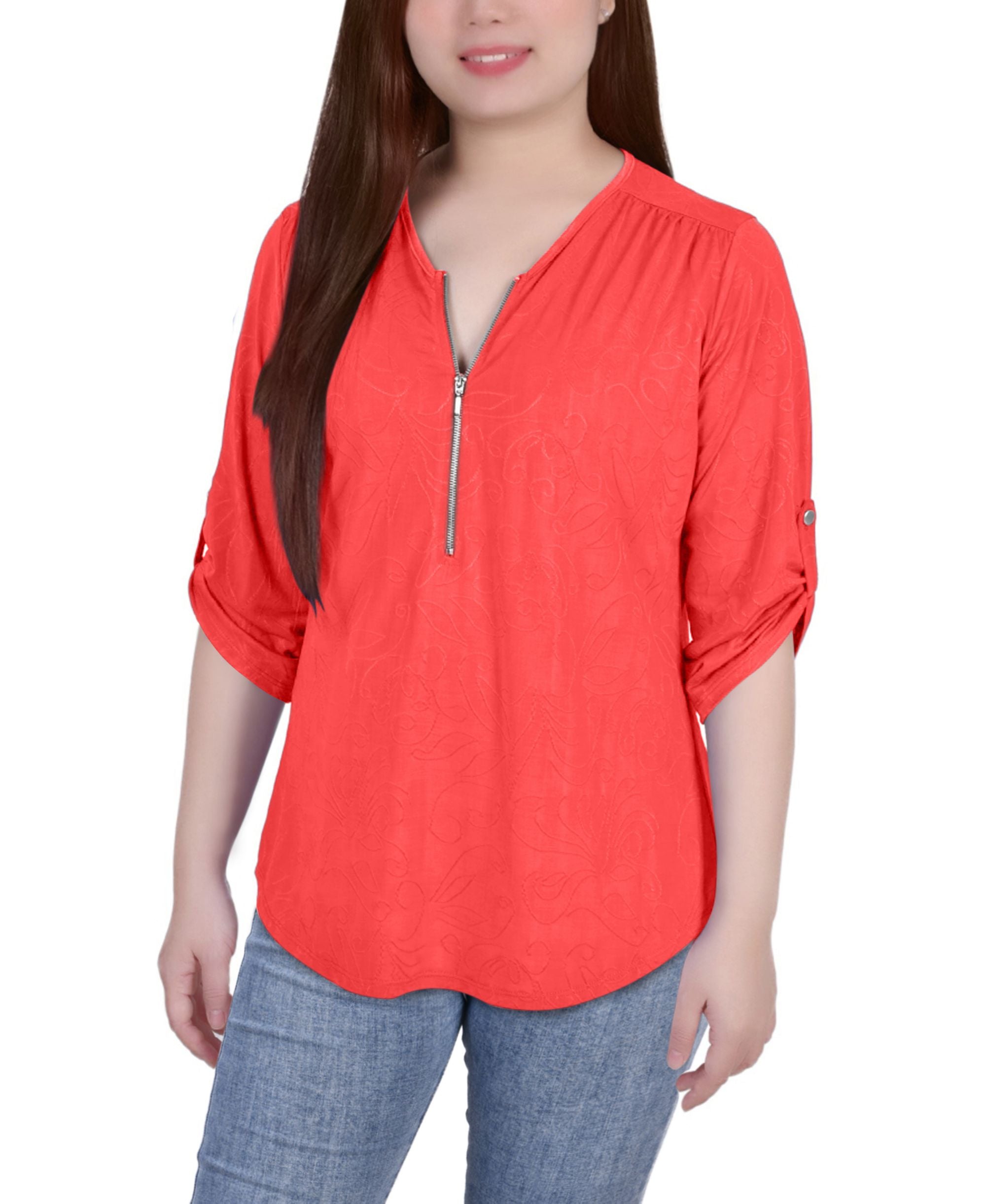 NY Collection Petite 3/4 Roll Tab Zip-Front Jacquard Knit Premium Top