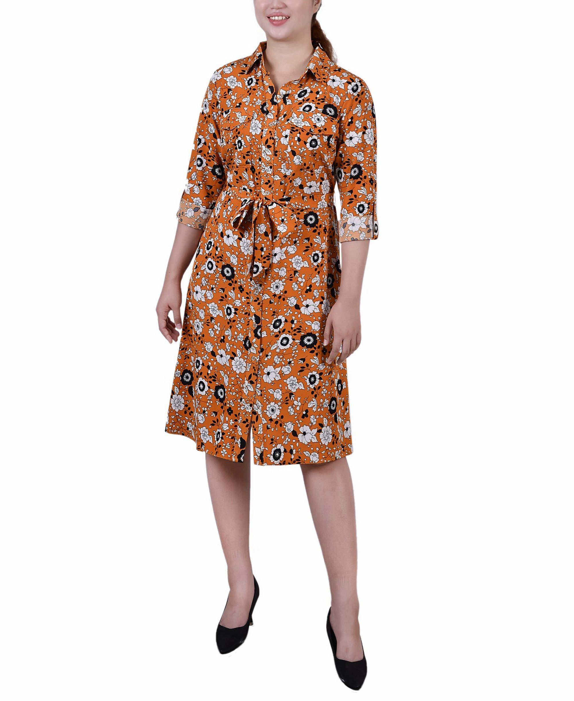 Petite Printed Long-Sleeve Roll Tab Shirtdress