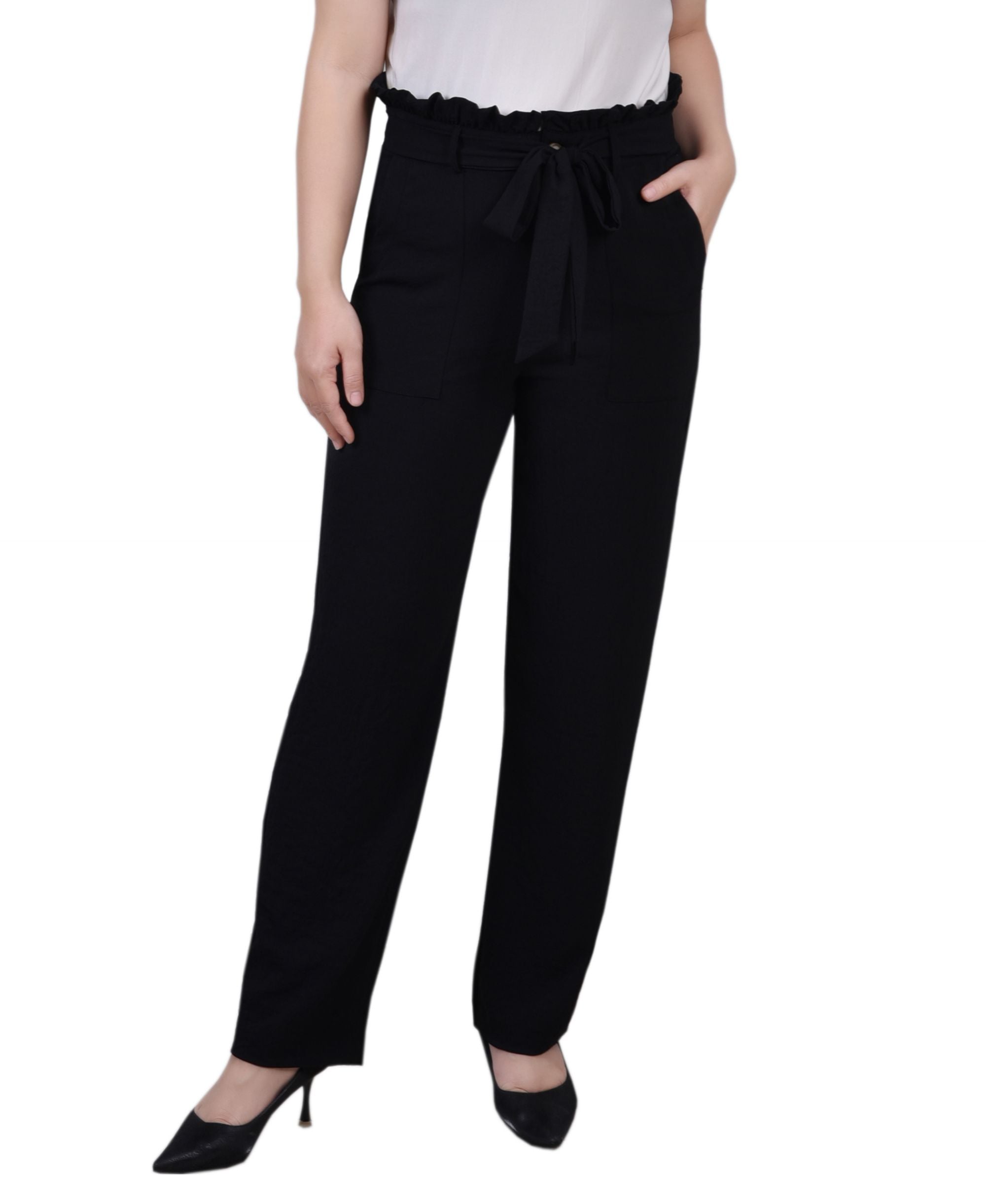 NY Collection Petite Belted Paper Bag Waist Signature Pants