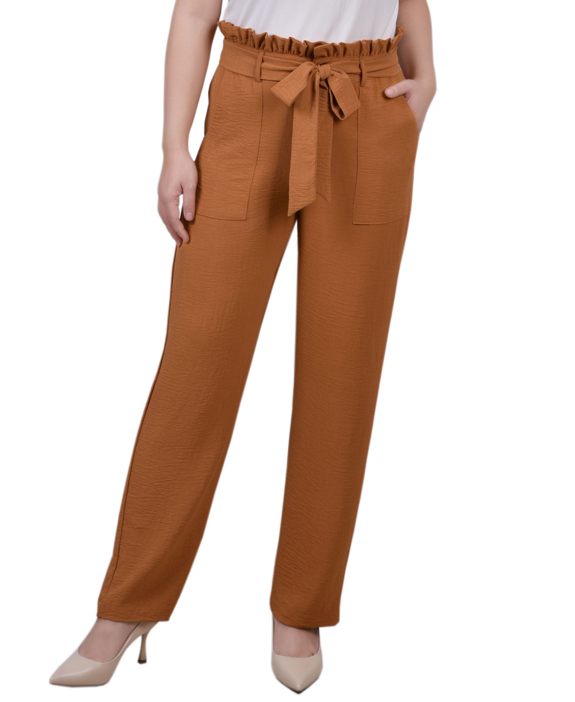 NY Collection Petite Belted Paper Bag Waist Signature Pants