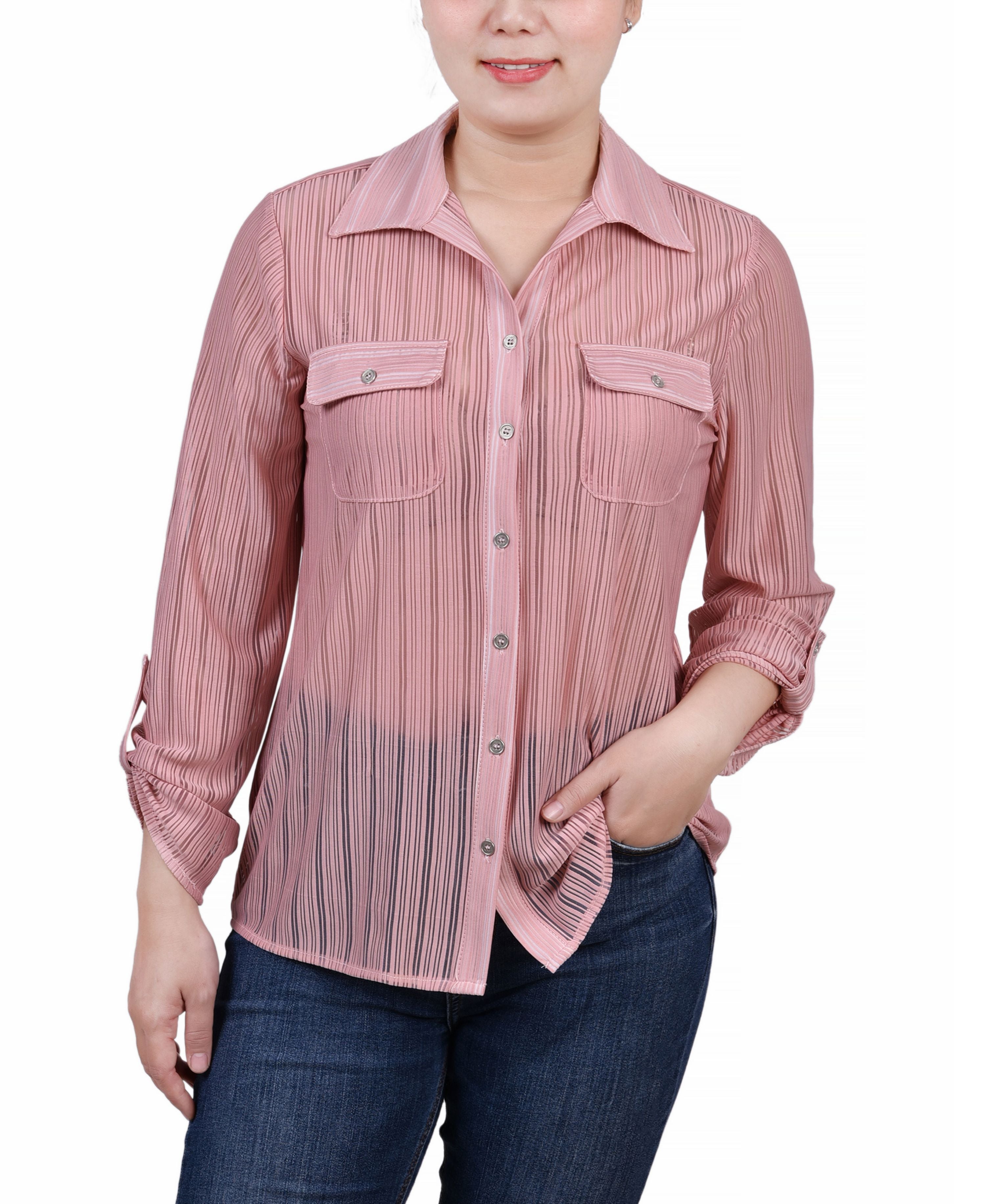 Petite Long Roll Tab Sleeve Burnout Knit Premium Top