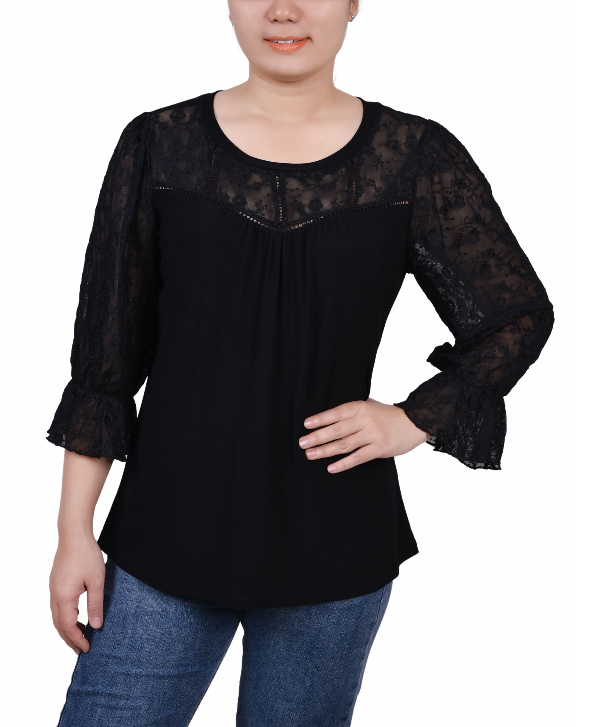 Petite 3/4 Sleeve with Embroidered Mesh Yoke and Sleeves Crepe Premium Top