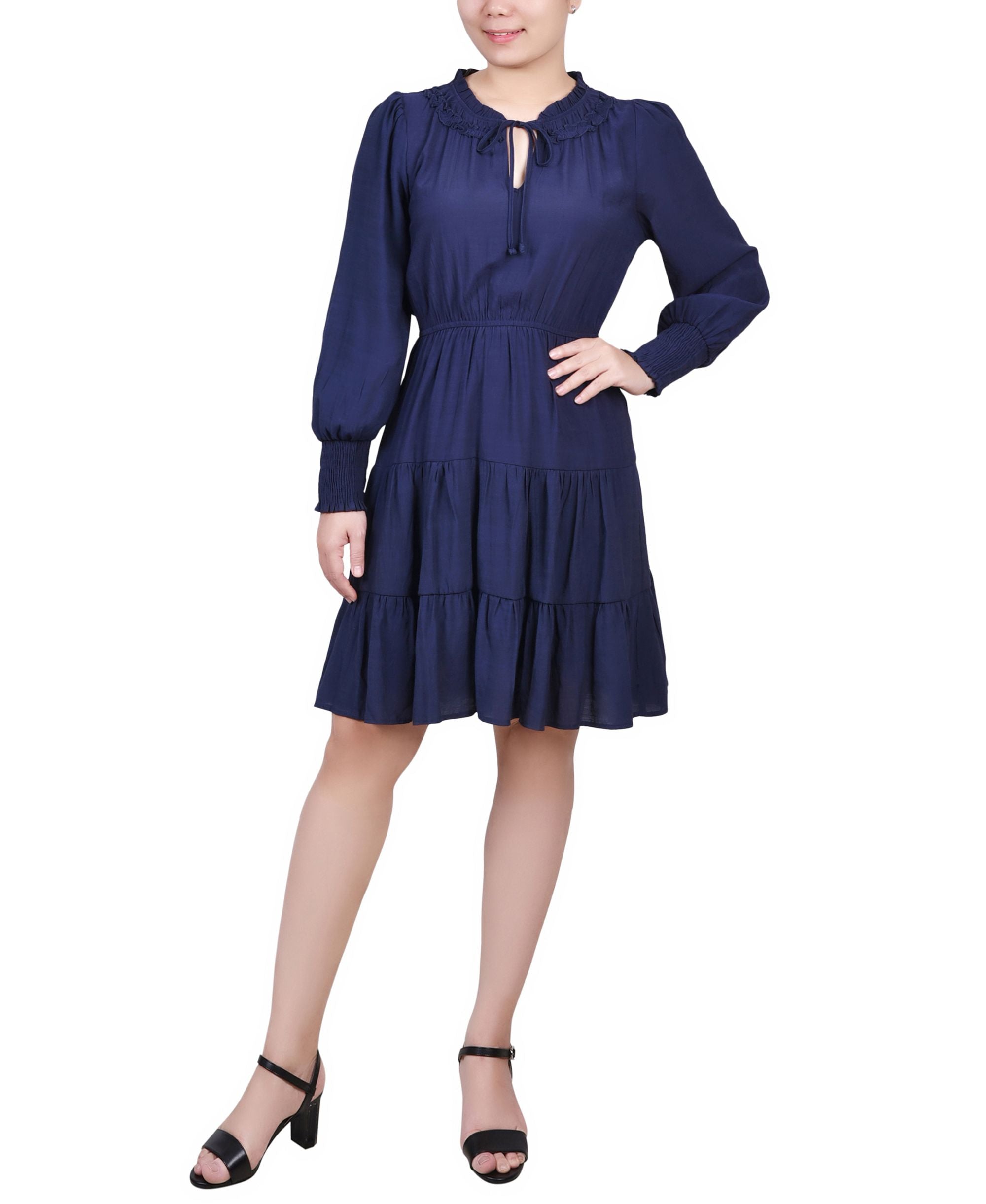 Petite Long-Sleeve Tiered Flounce Dress with Ruffled Neck