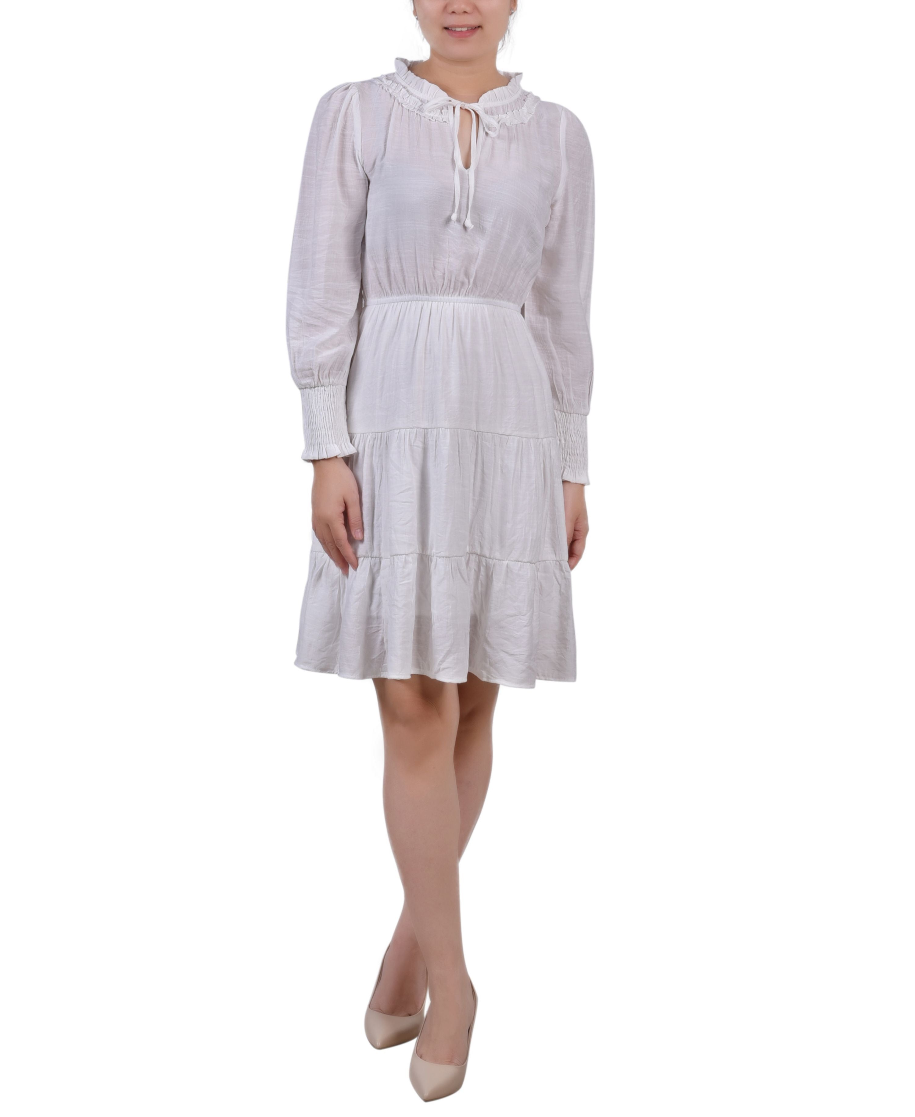 Petite Long-Sleeve Tiered Flounce Dress with Ruffled Neck