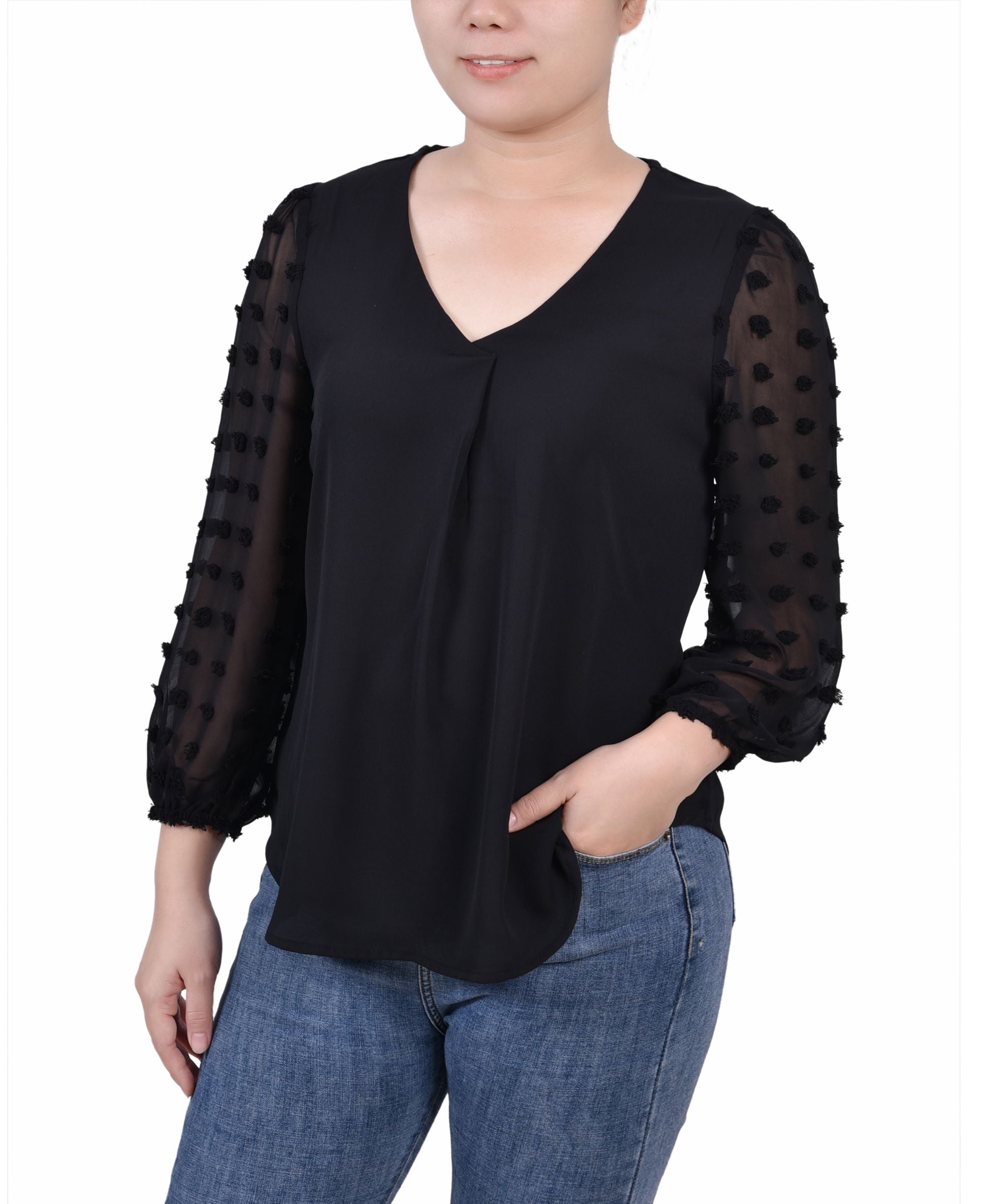 Petite V-neck Signature Blouse with 3/4 Jacquard Chiffon Sleeves