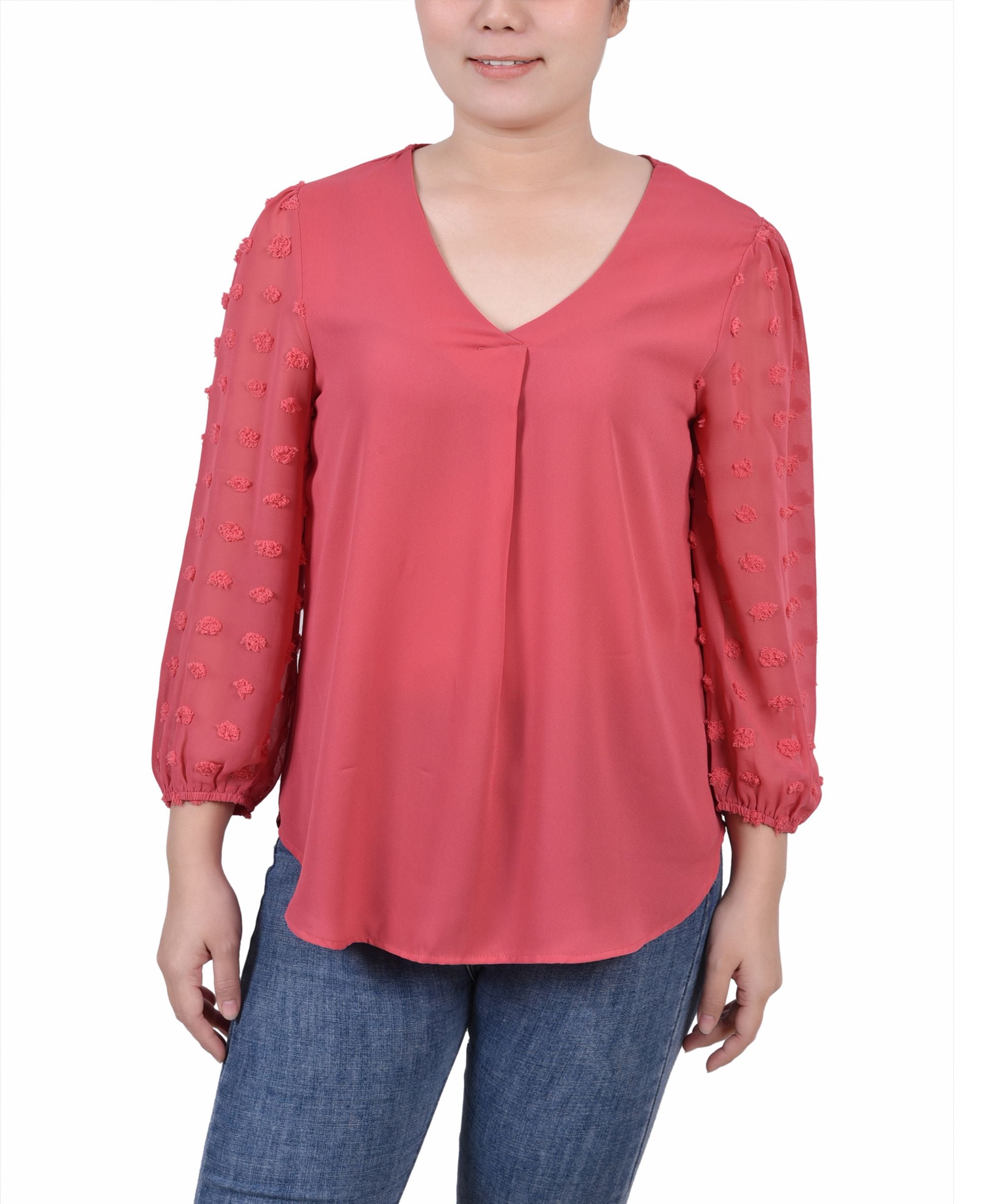 Petite V-neck Signature Blouse with 3/4 Jacquard Chiffon Sleeves