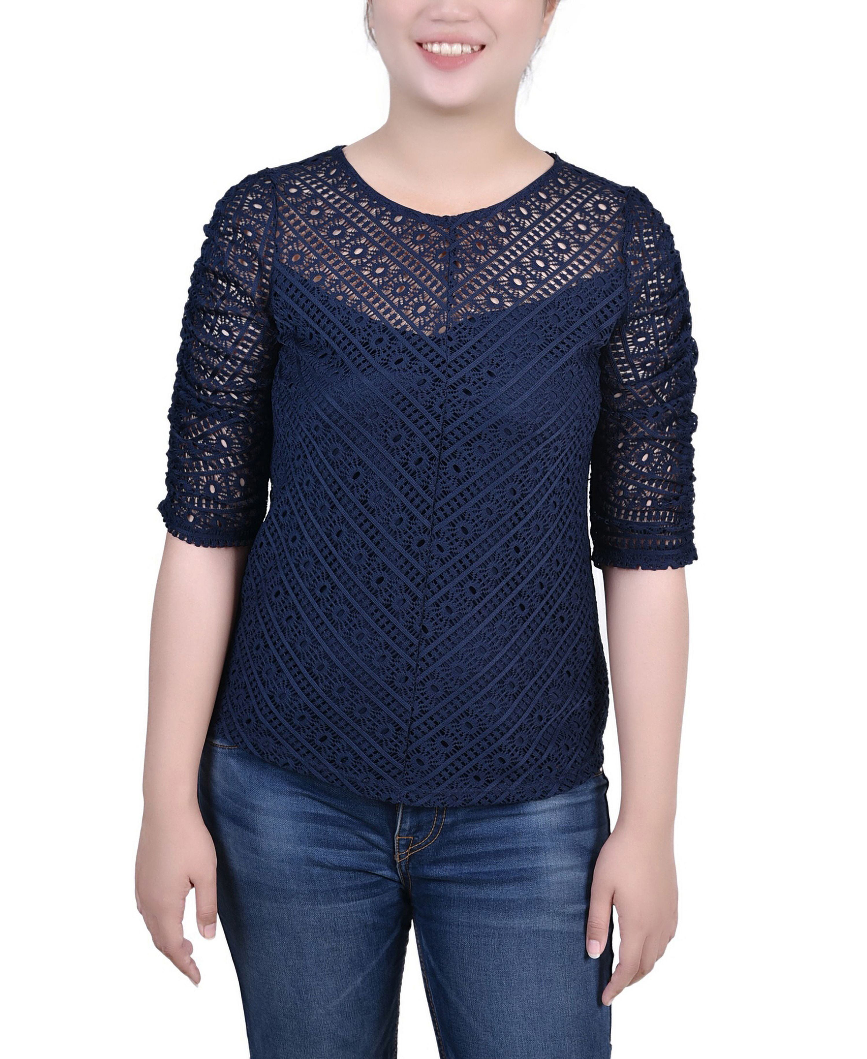 Petite Rouched Sleeve Lace Premium Top