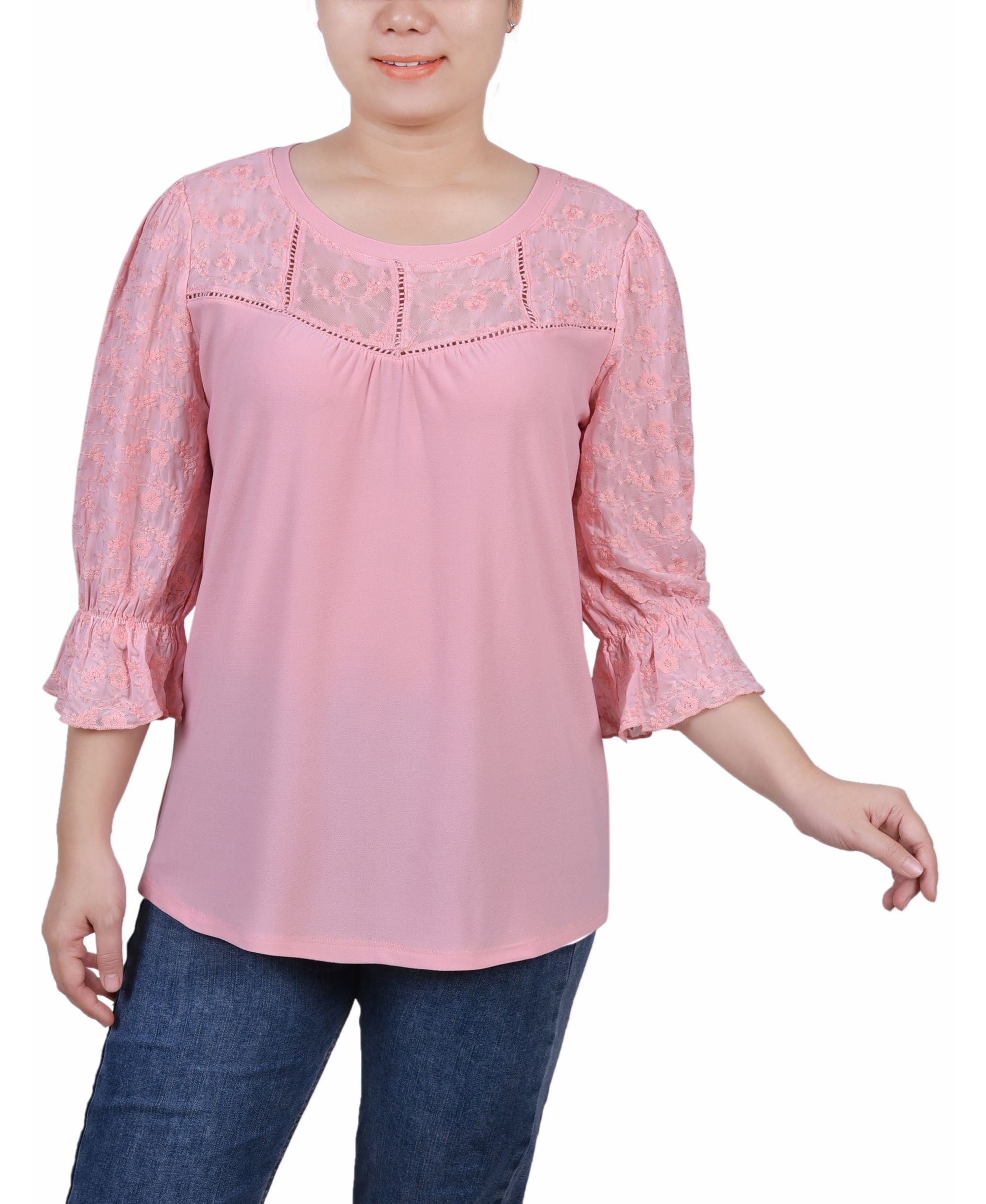 Petite 3/4 Sleeve with Embroidered Mesh Yoke and Sleeves Crepe Premium Top