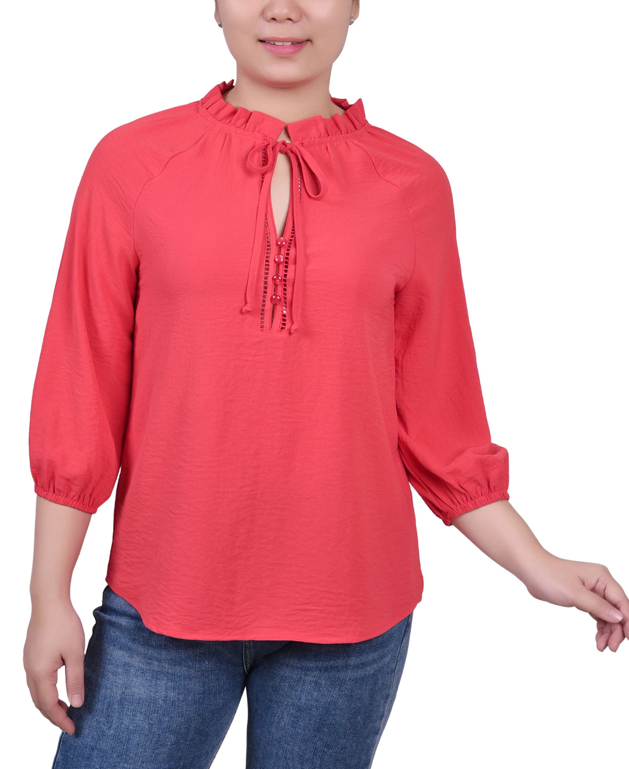 Petite 3/4 Sleeve Ruffle Neck Signature Blouse