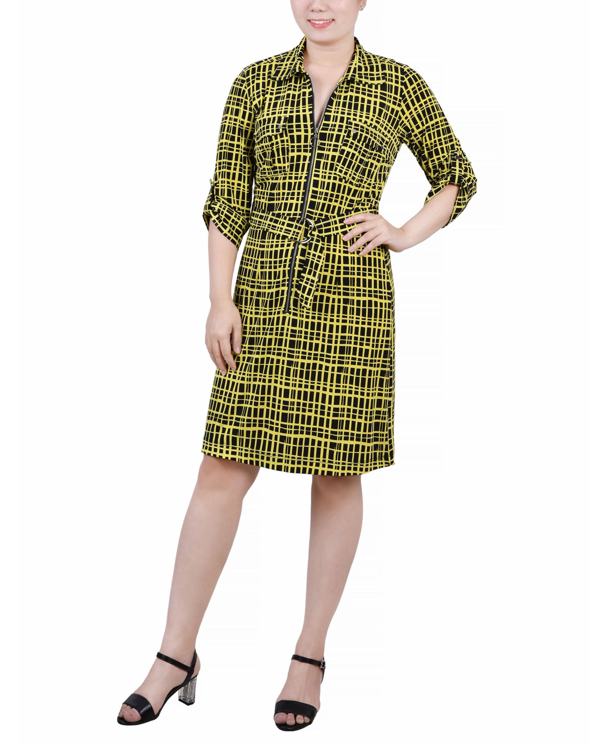 Petite Belted Roll Tab Zip-Front Shirtdress