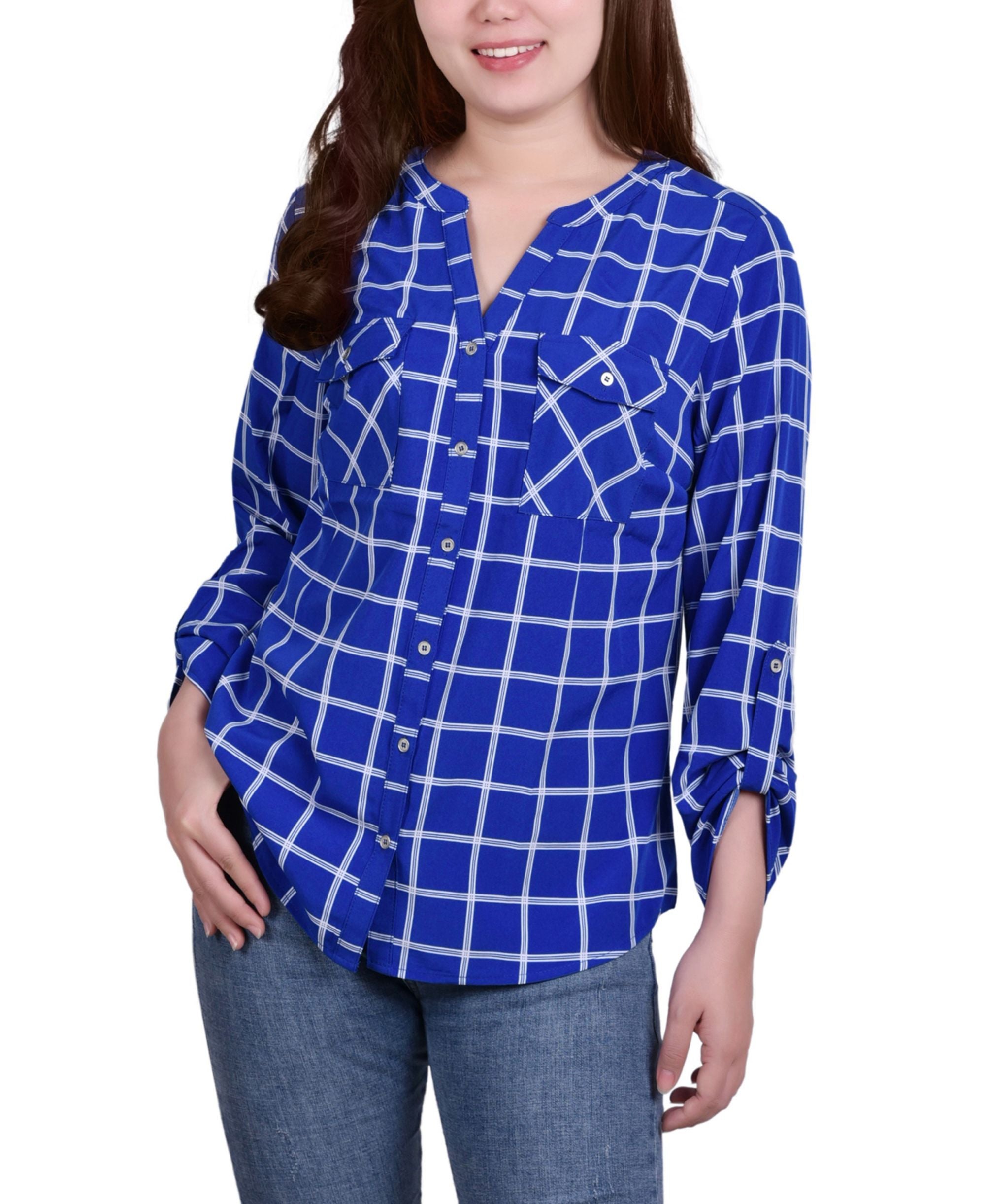 Petite 3/4 Sleeve Roll Tab Y Neck Signature Blouse