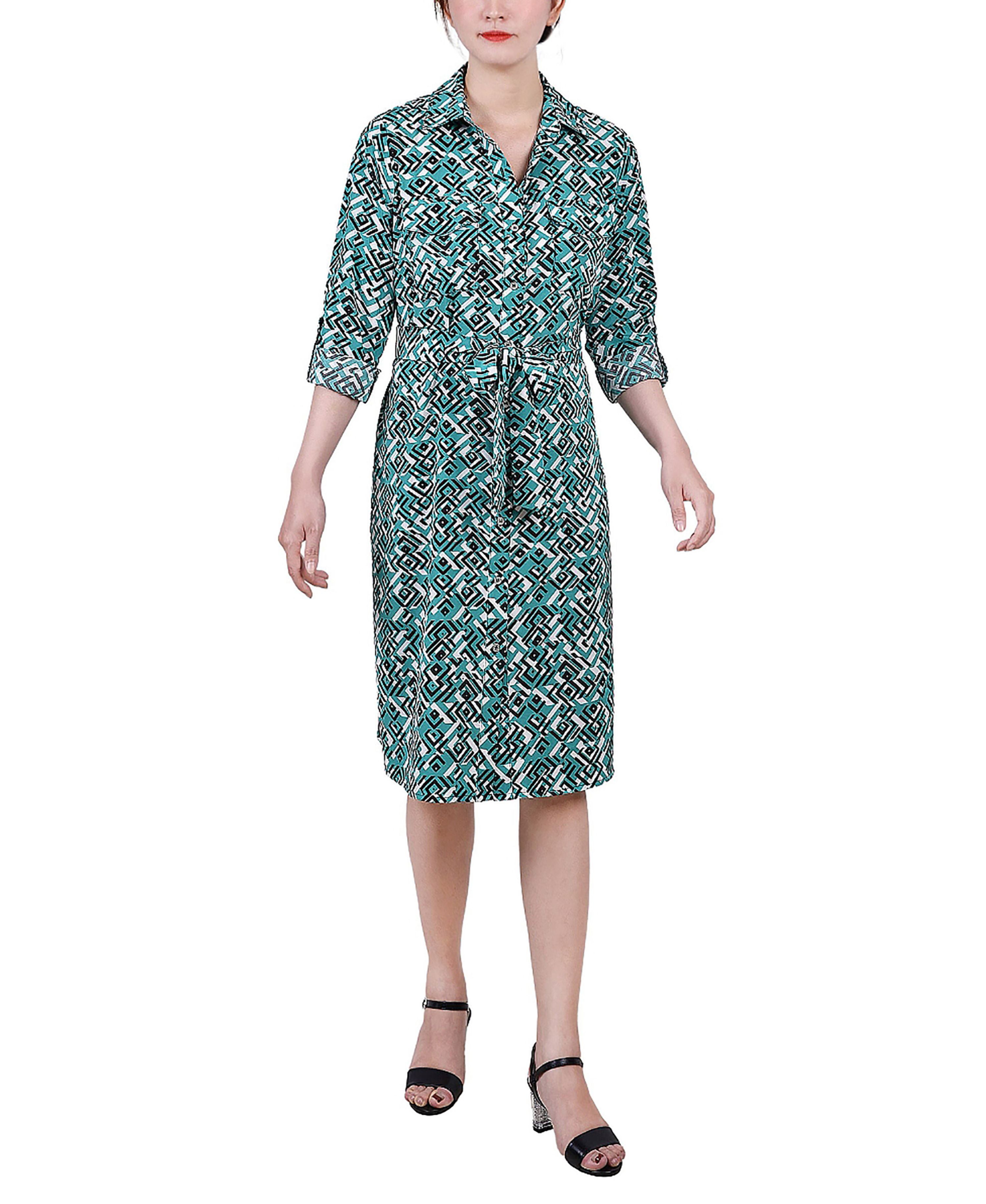 Petite Geometric Printed Long-Sleeve Roll Tab Shirtdress