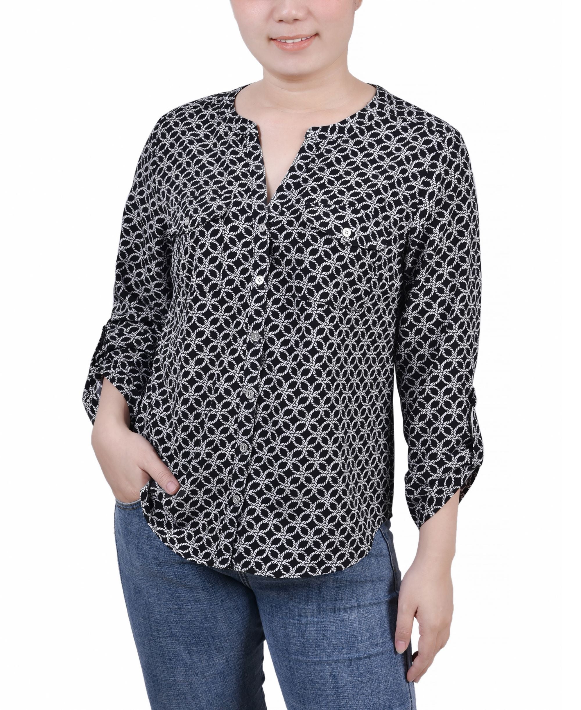 Petite 3/4 Sleeve Roll Tab Y Neck Signature Blouse